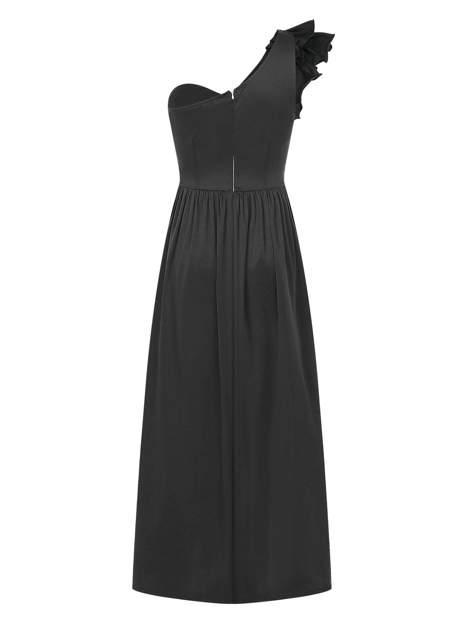 Women Sleeveless One Shoulder Ruffle Side Slit Maxi Dress