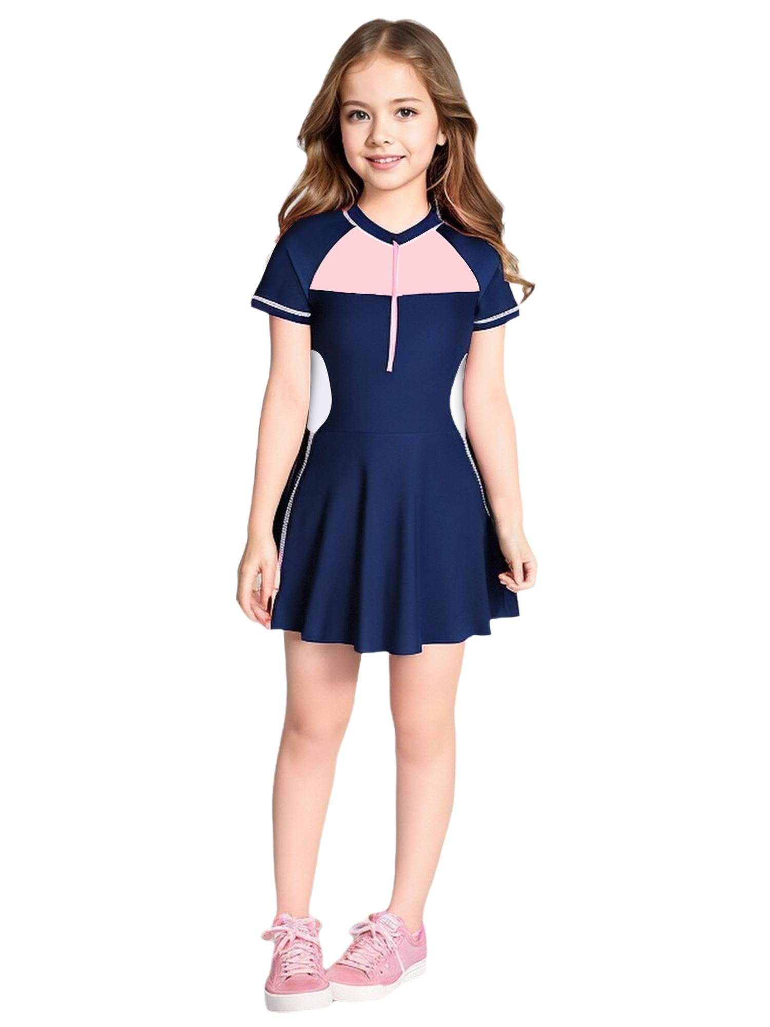 Girls Short Sleeve Color Block A-line Swimming Dress