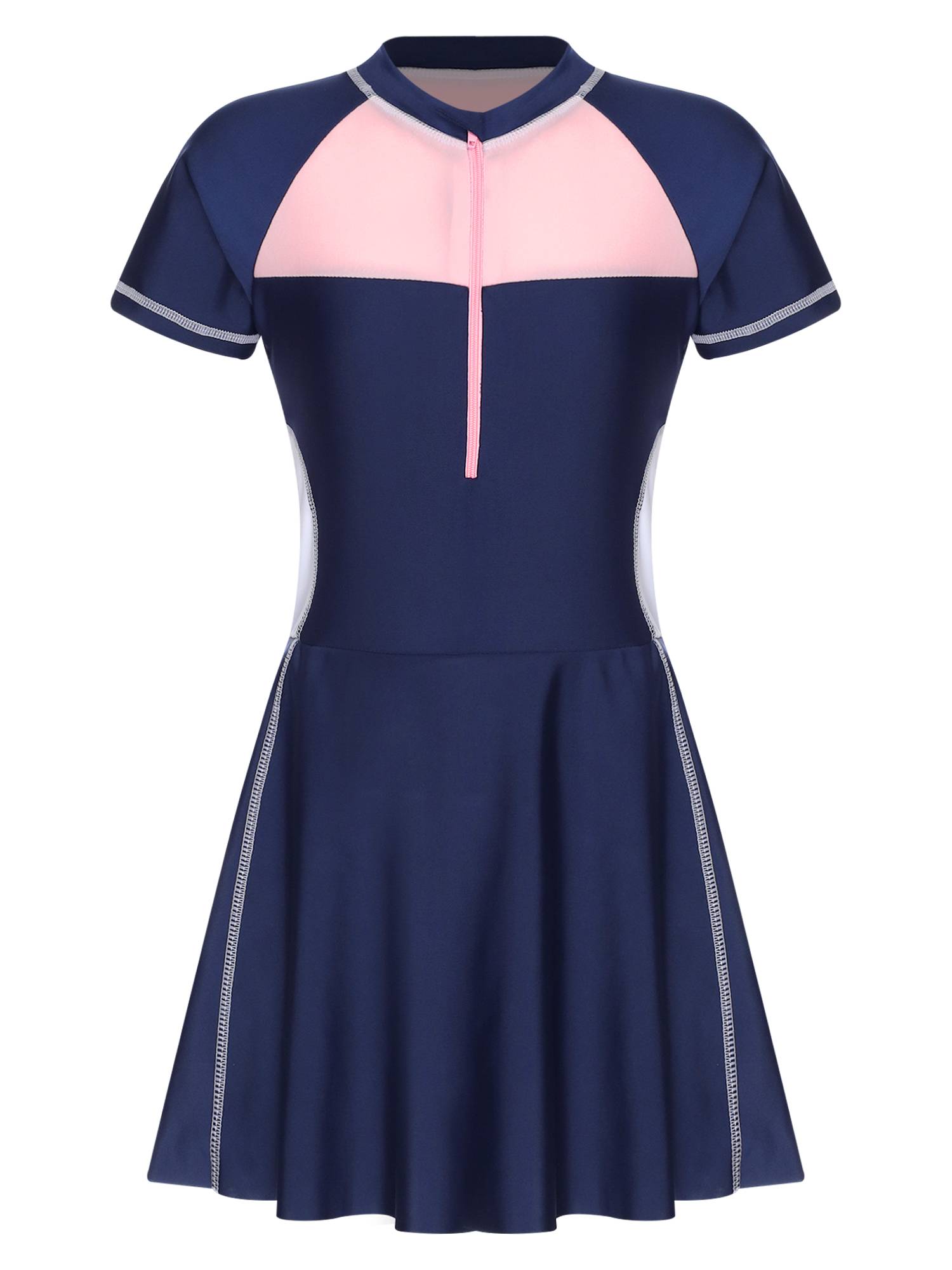 Girls Short Sleeve Color Block A-line Swimming Dress