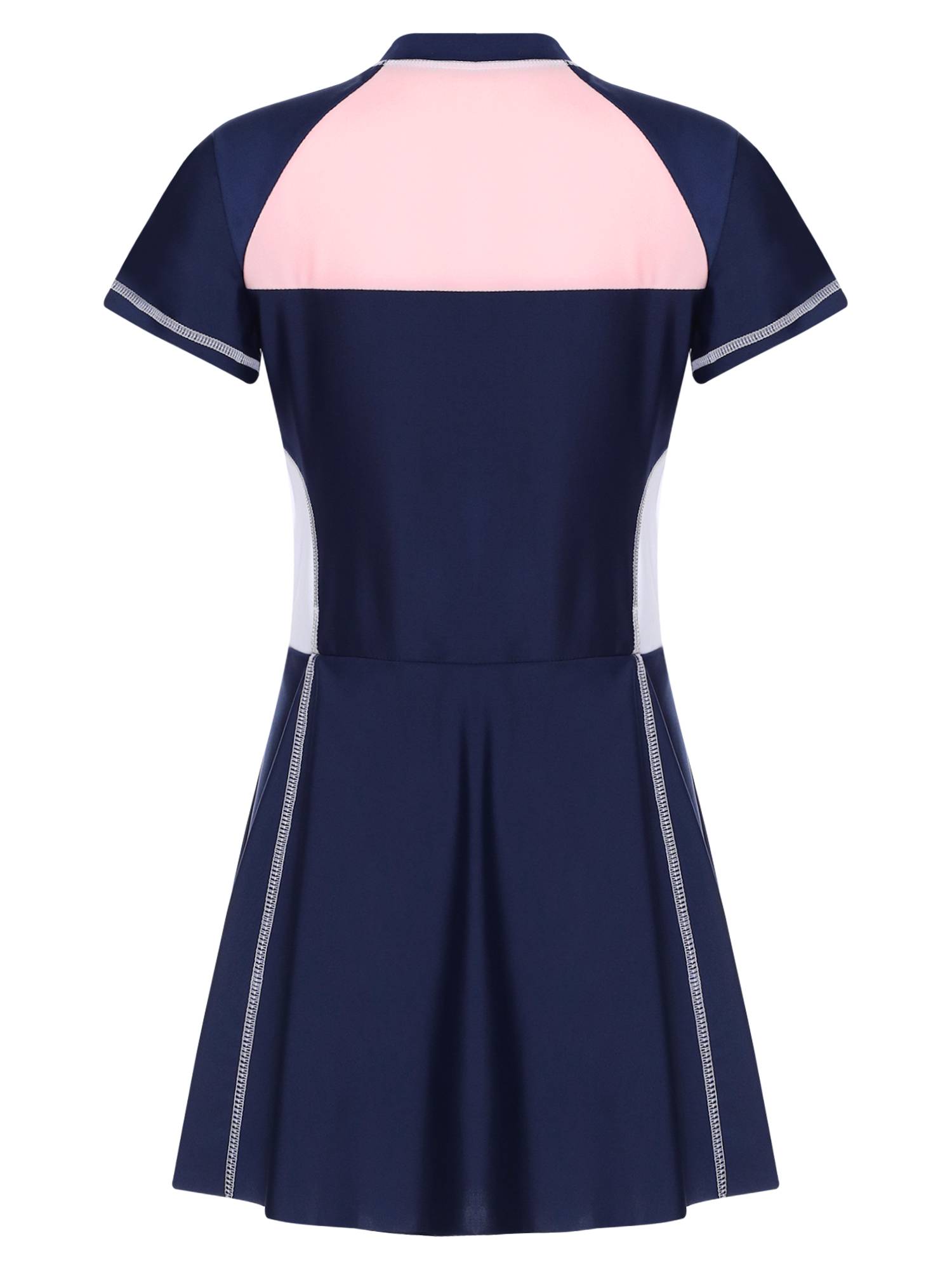 Girls Short Sleeve Color Block A-line Swimming Dress