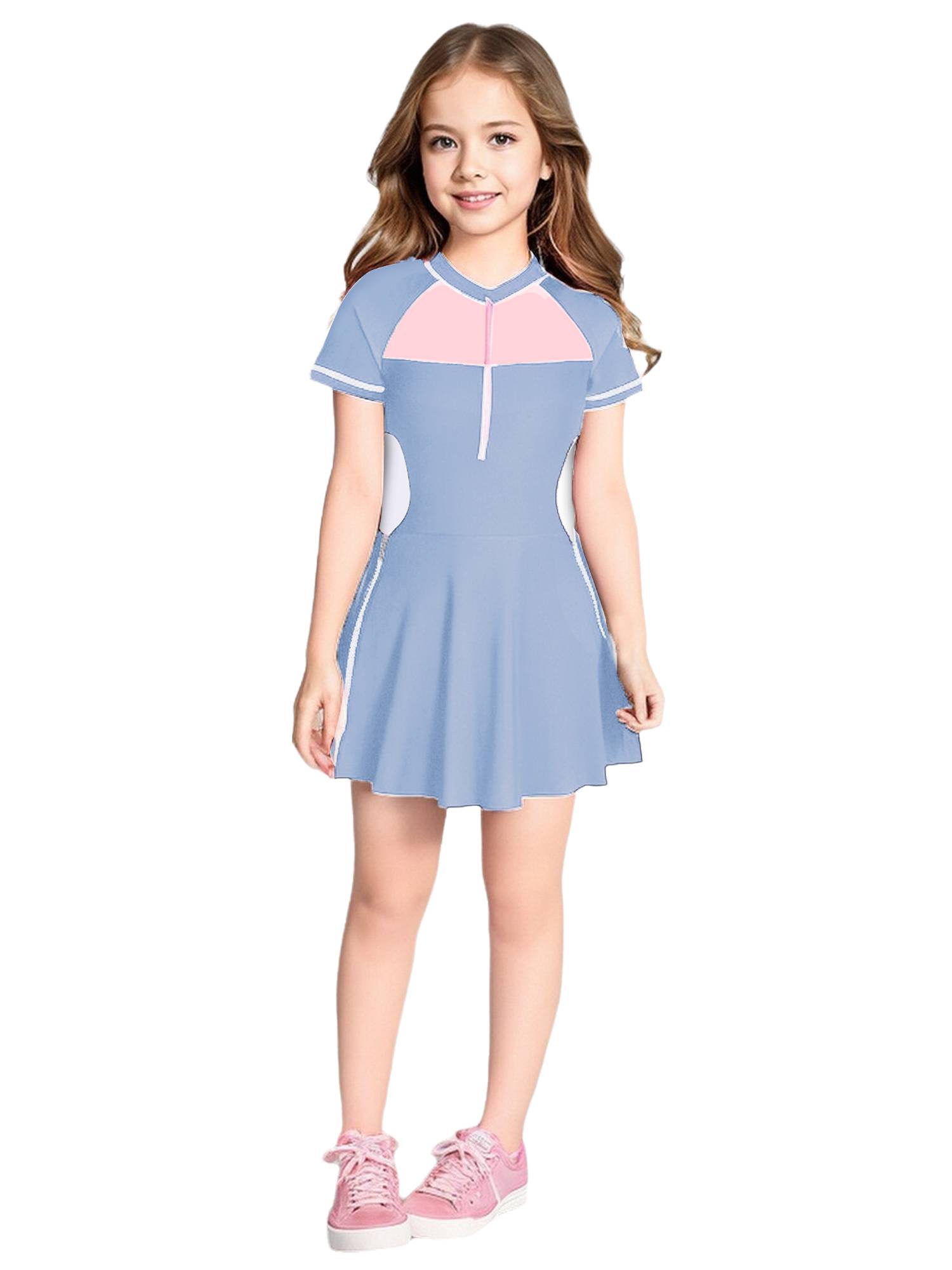 Girls Short Sleeve Color Block A-line Swimming Dress