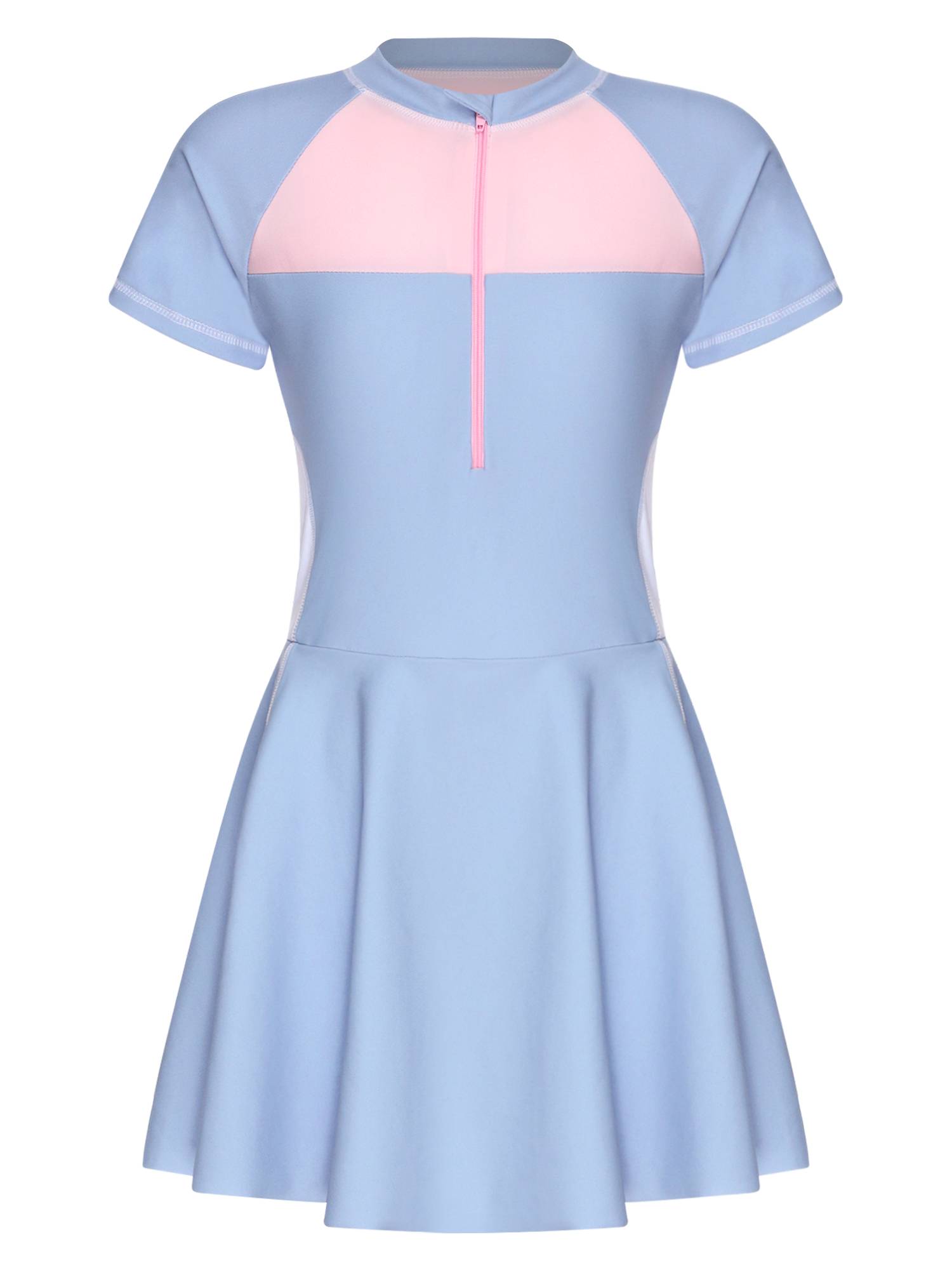 Girls Short Sleeve Color Block A-line Swimming Dress