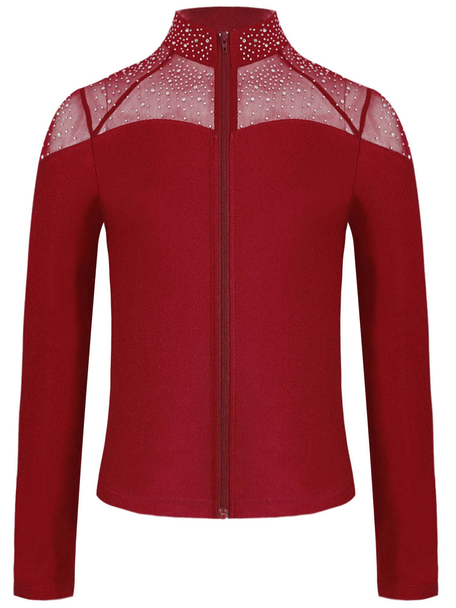 Kids Girls Shiny Rhinestones Long Sleeve Zipper Jacket for Gymnastics