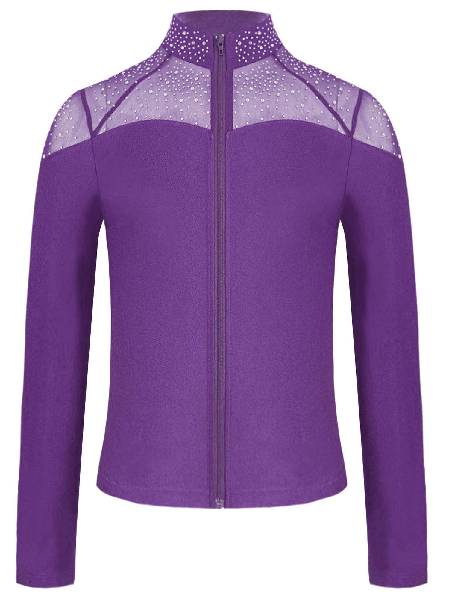 Kids Girls Shiny Rhinestones Long Sleeve Zipper Jacket for Gymnastics