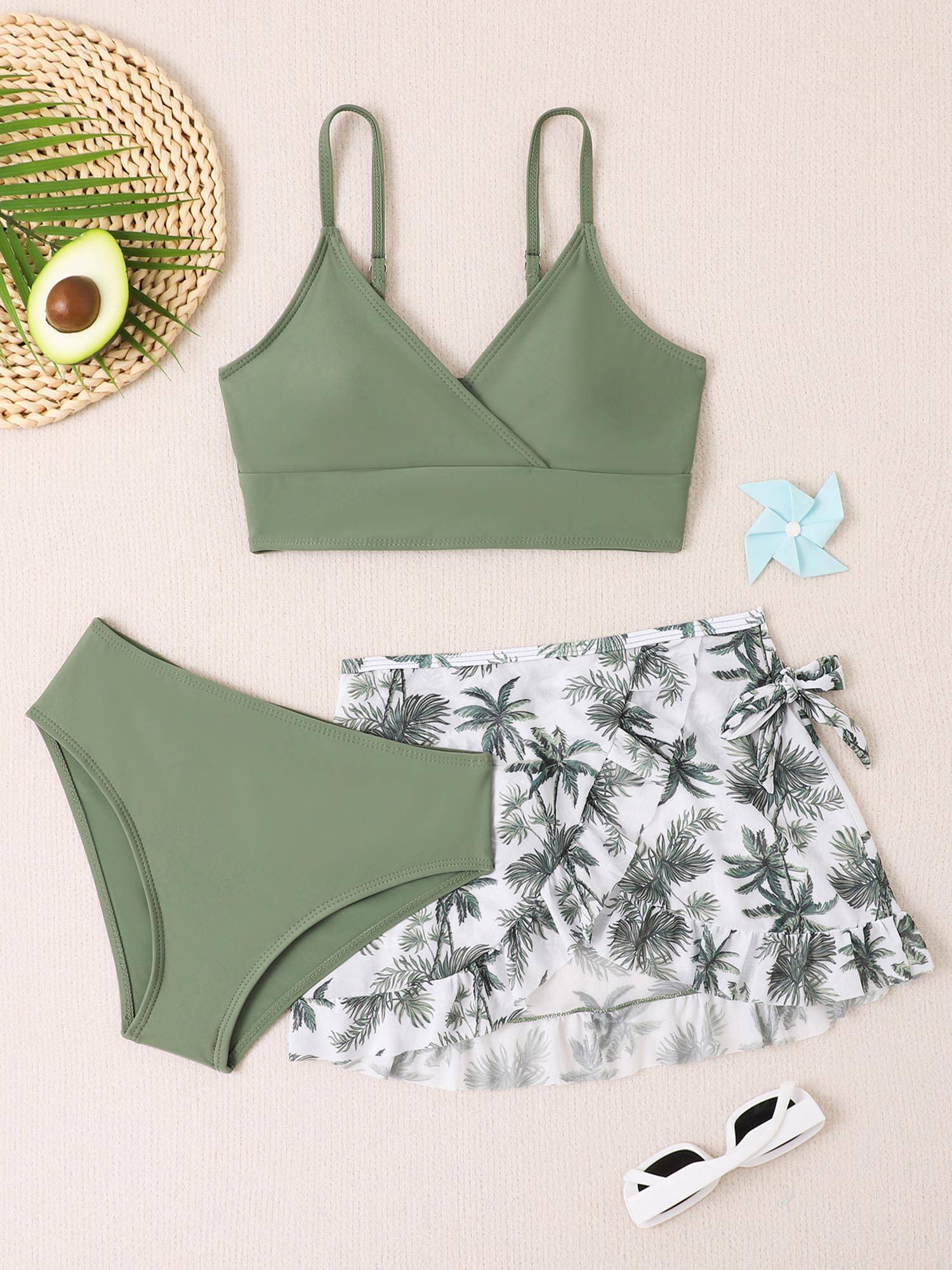 Kids Girls 3pcs Padded Bikini Set with Floral Skirt