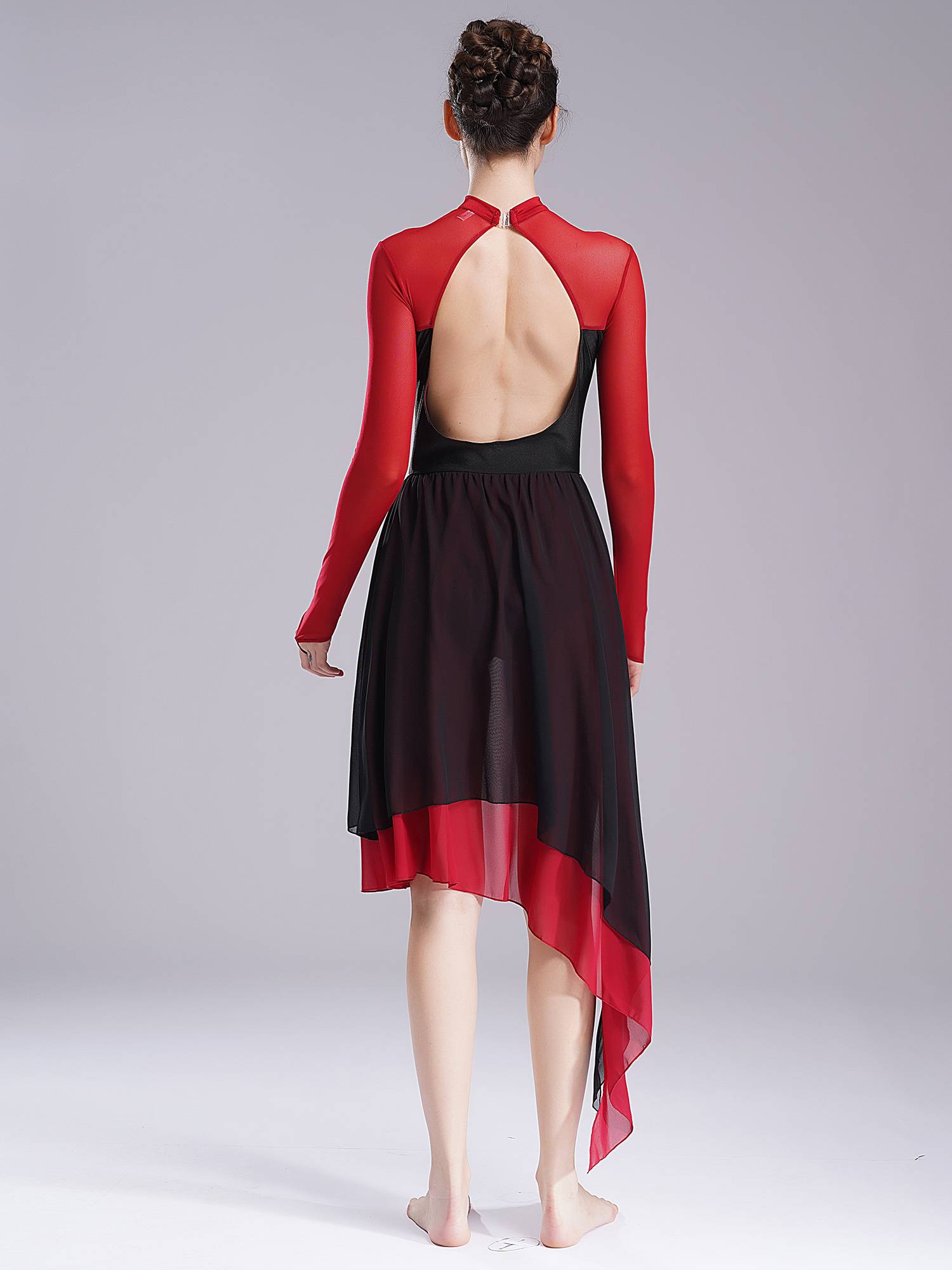 Women Colorblock Backless Long Sleeve Lyrical Dance Leotard Dress