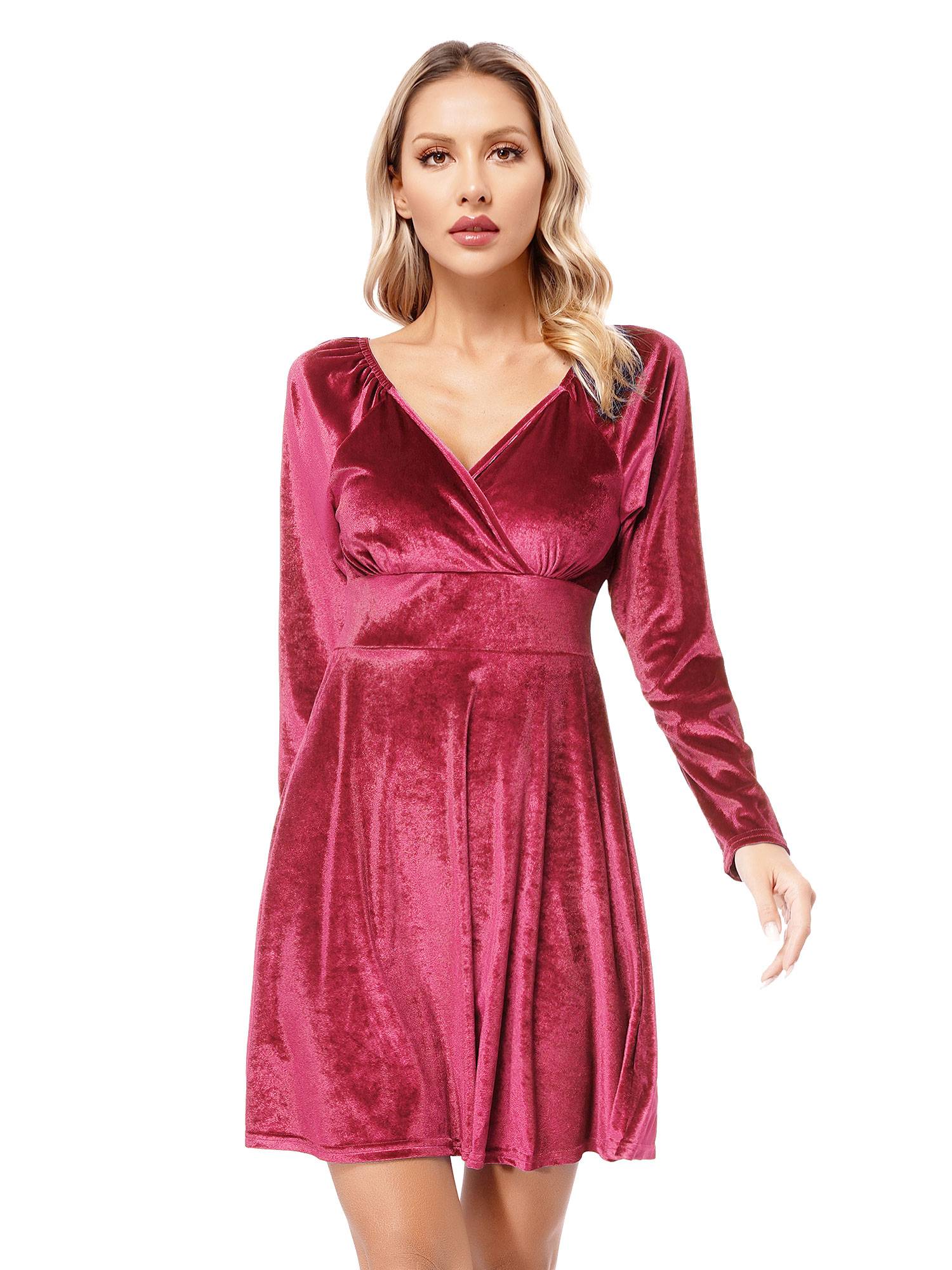 Women Velvet V Neck Long Sleeve Cocktail Dress