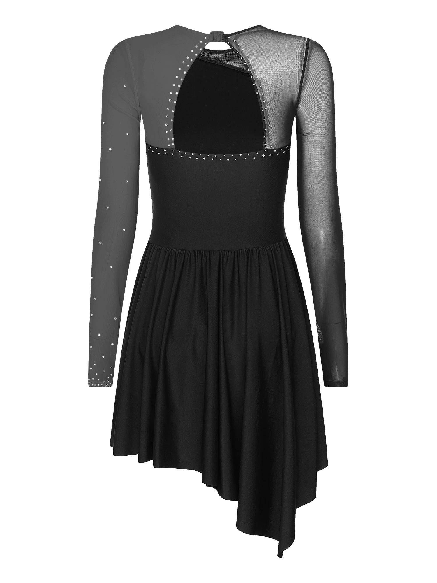 Women Long Sleeve Mesh Asymmetrical Hem Figure Skating Dress