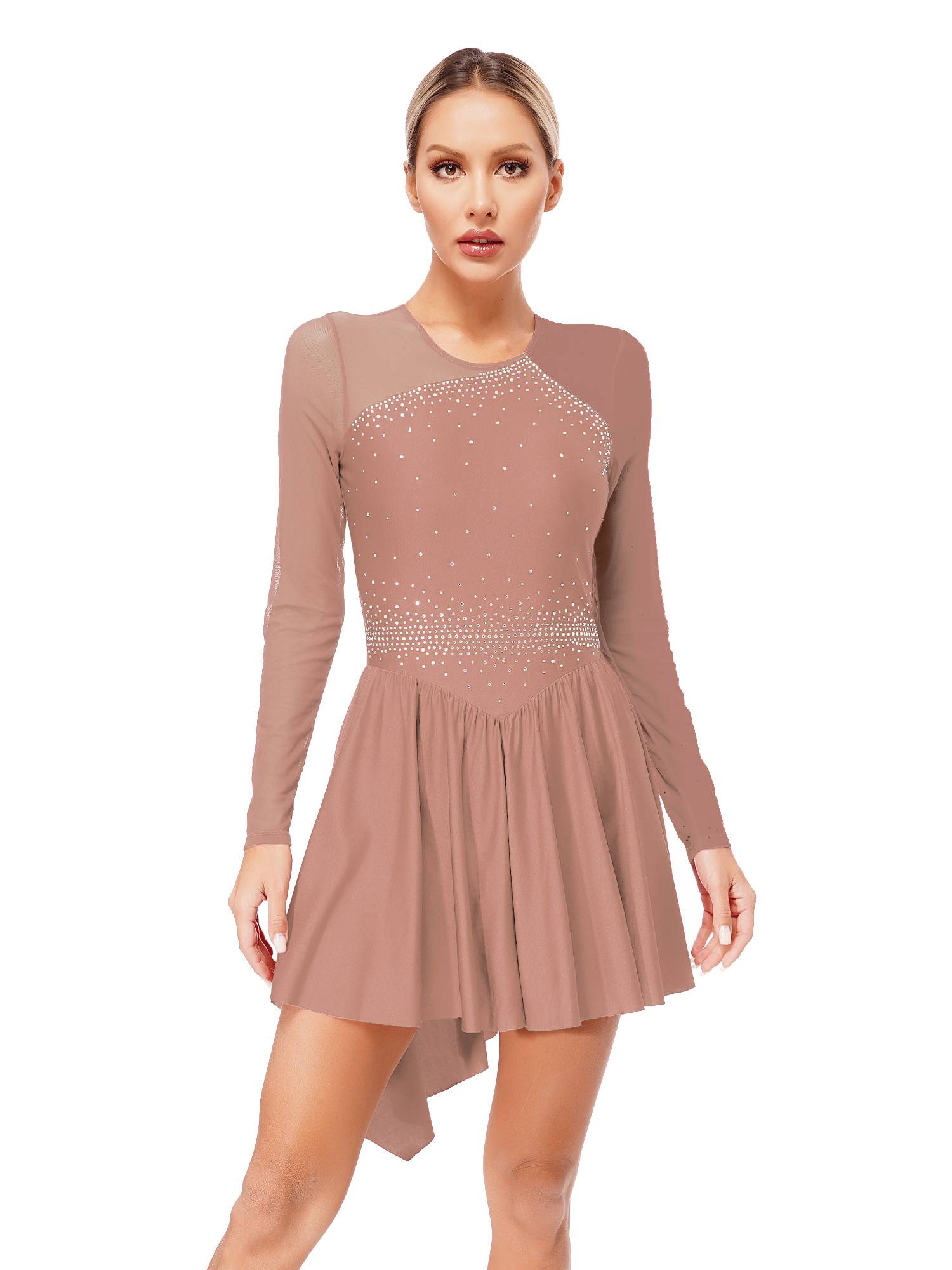 Women Long Sleeve Mesh Asymmetrical Hem Figure Skating Dress