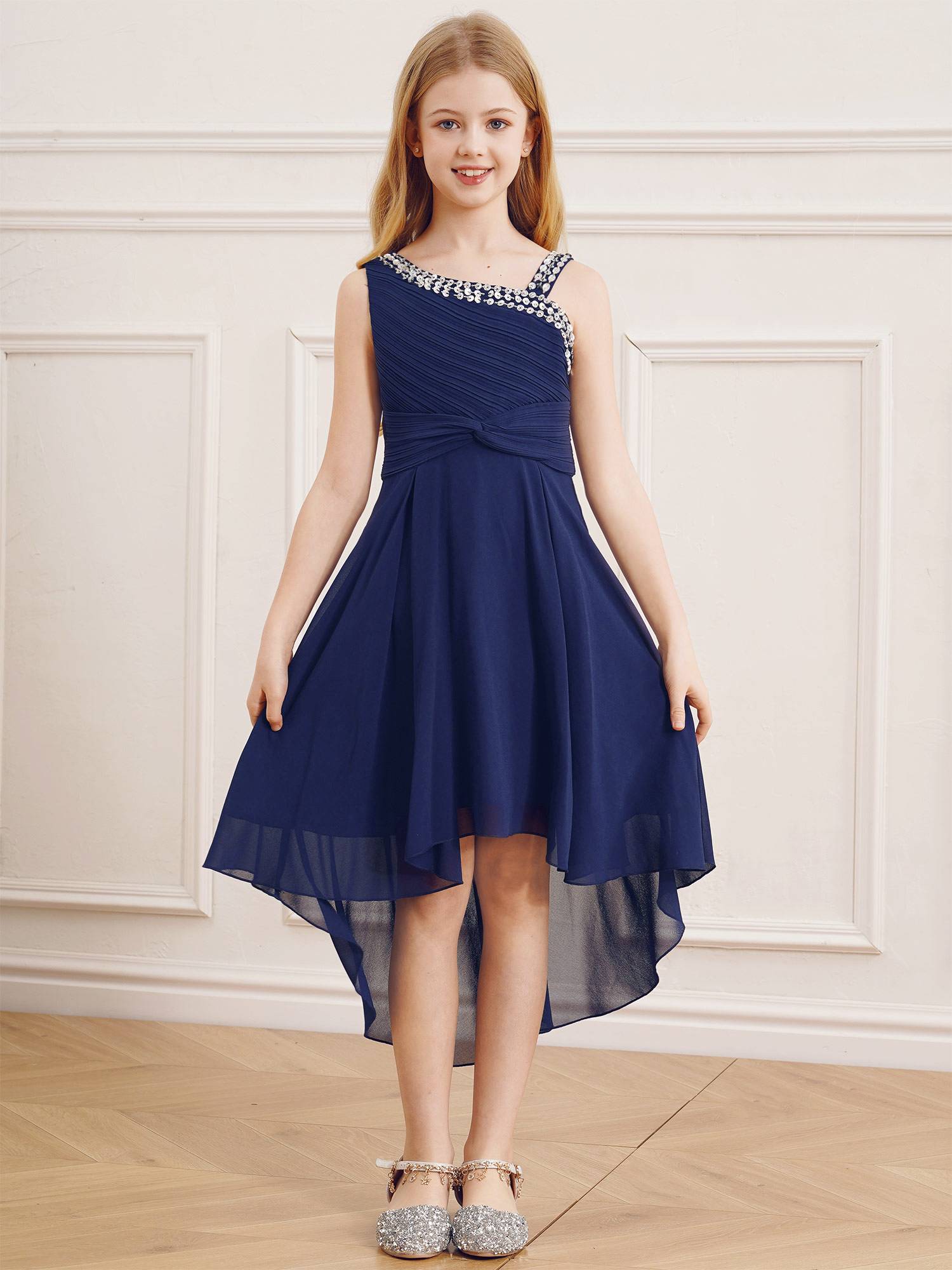 Kids Girls Sparkly Sequin Chiffon Dress Sleeveless High-Low Flower Girl Dress