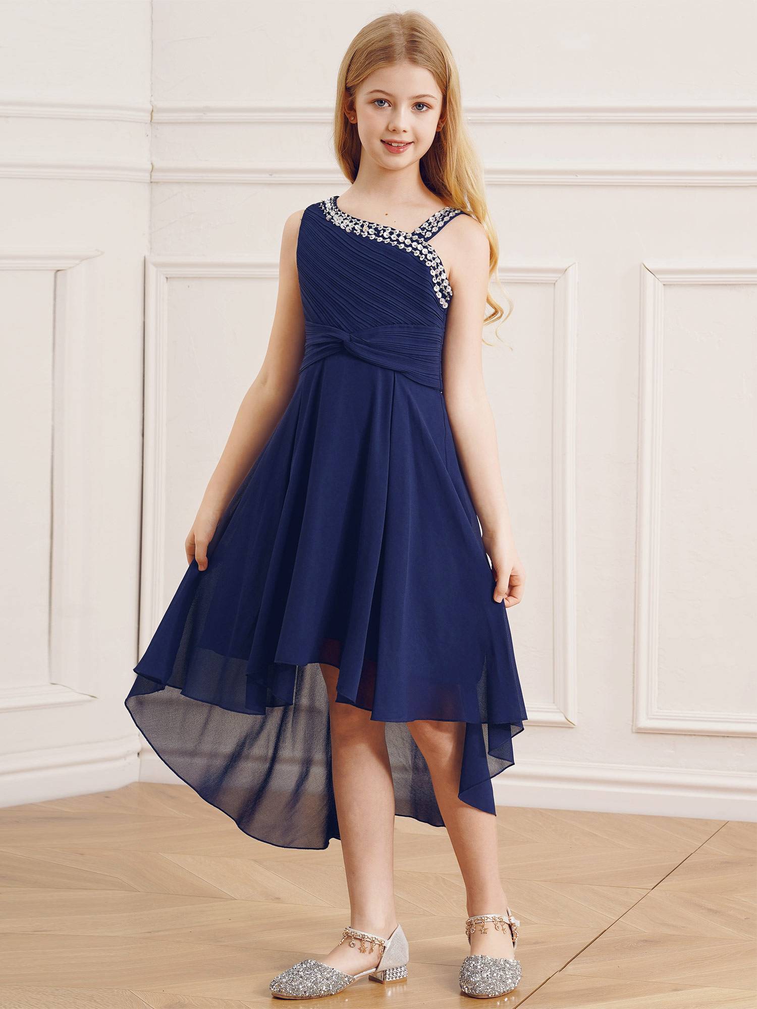 Kids Girls Sparkly Sequin Chiffon Dress Sleeveless High-Low Flower Girl Dress