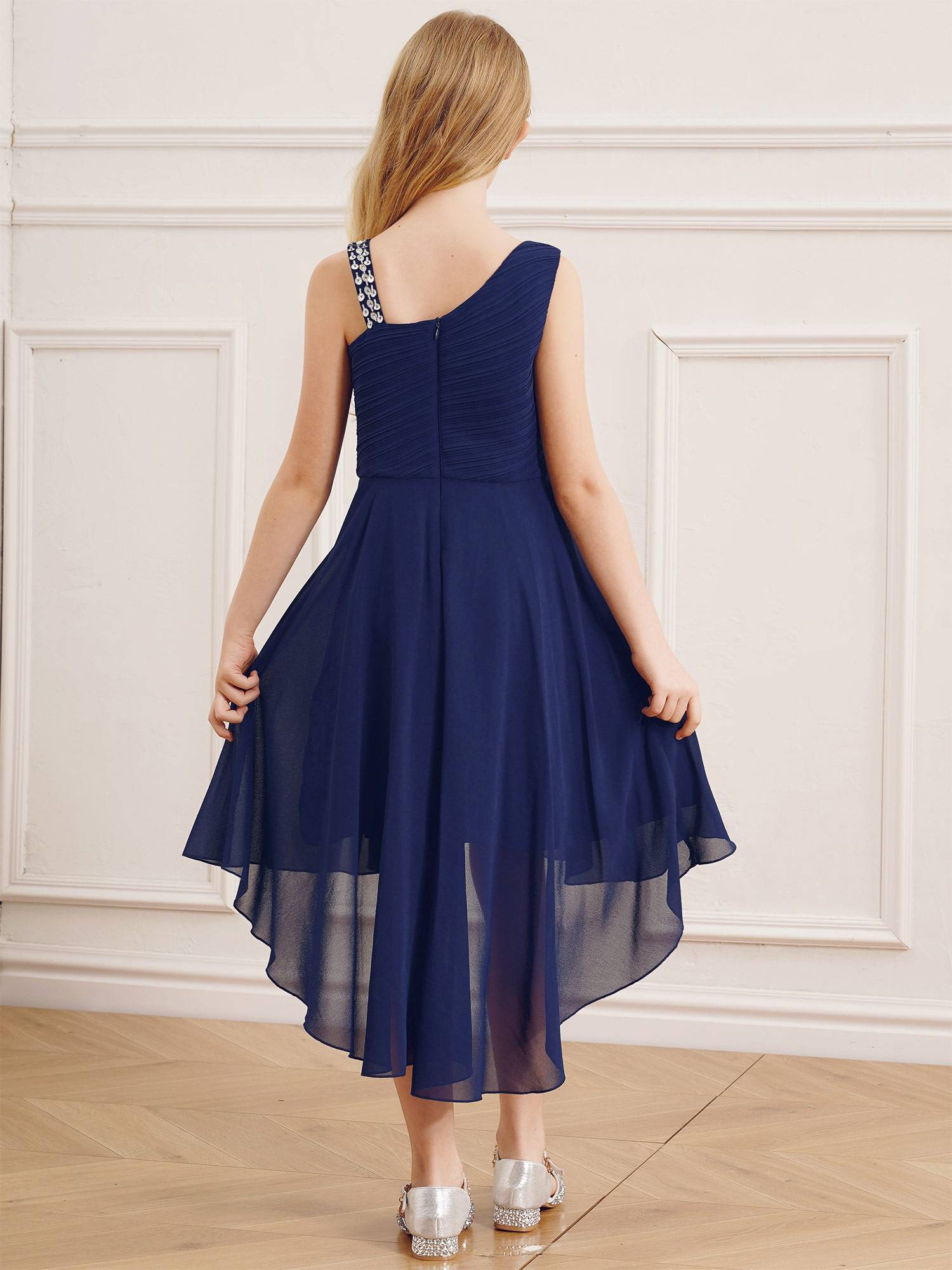 Kids Girls Sparkly Sequin Chiffon Dress Sleeveless High-Low Flower Girl Dress