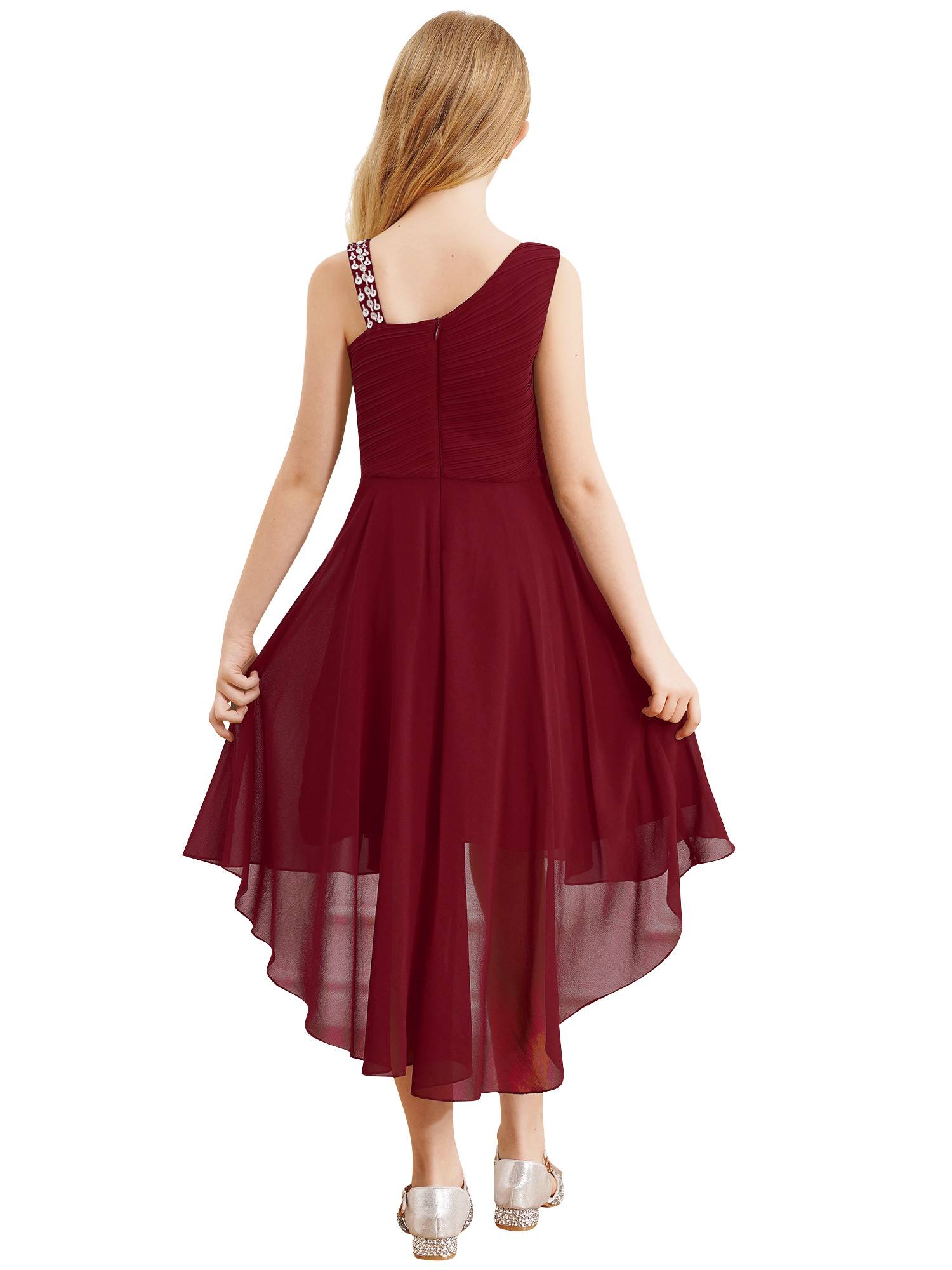 Kids Girls Sparkly Sequin Chiffon Dress Sleeveless High-Low Flower Girl Dress