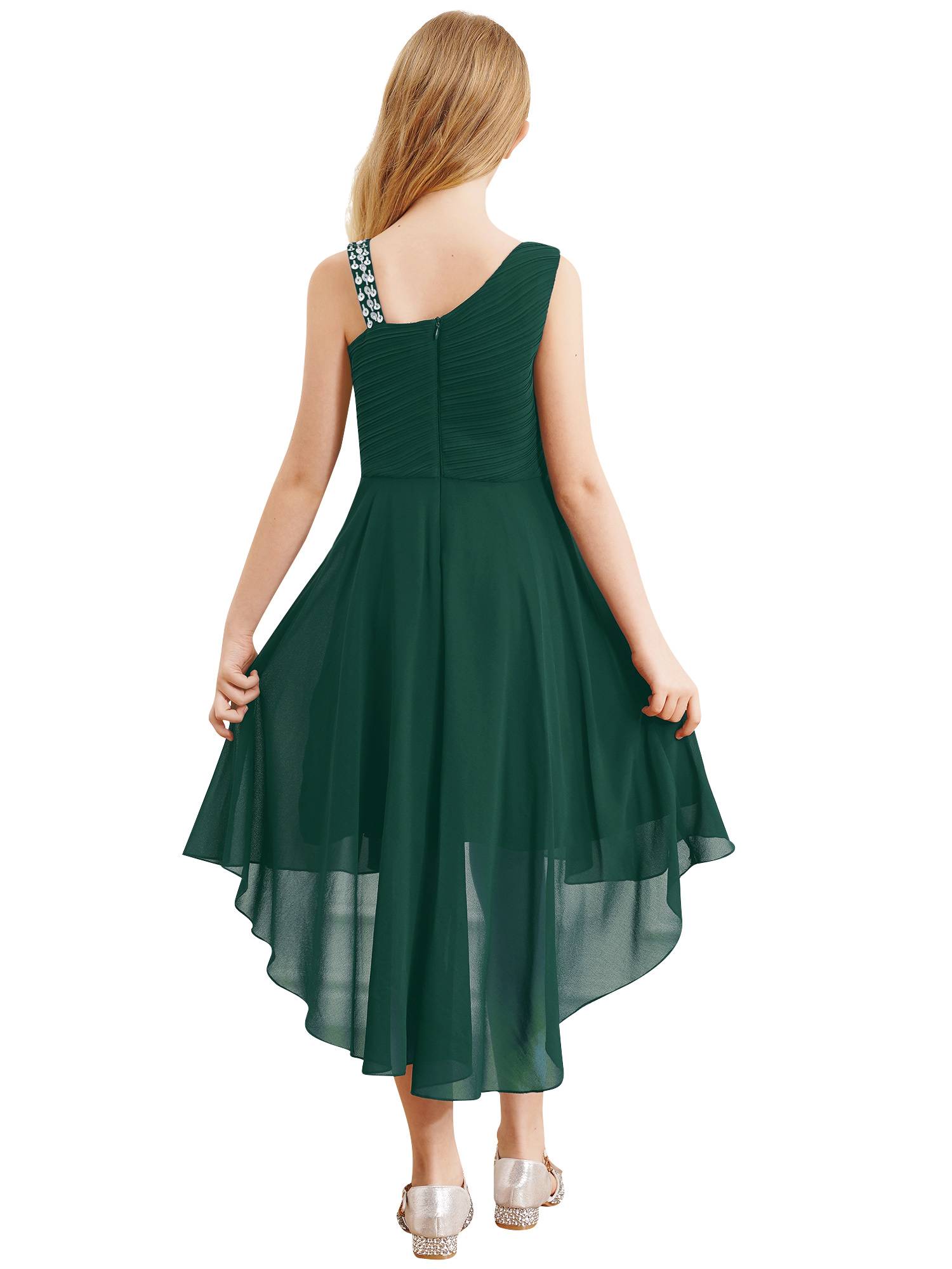 Kids Girls Sparkly Sequin Chiffon Dress Sleeveless High-Low Flower Girl Dress