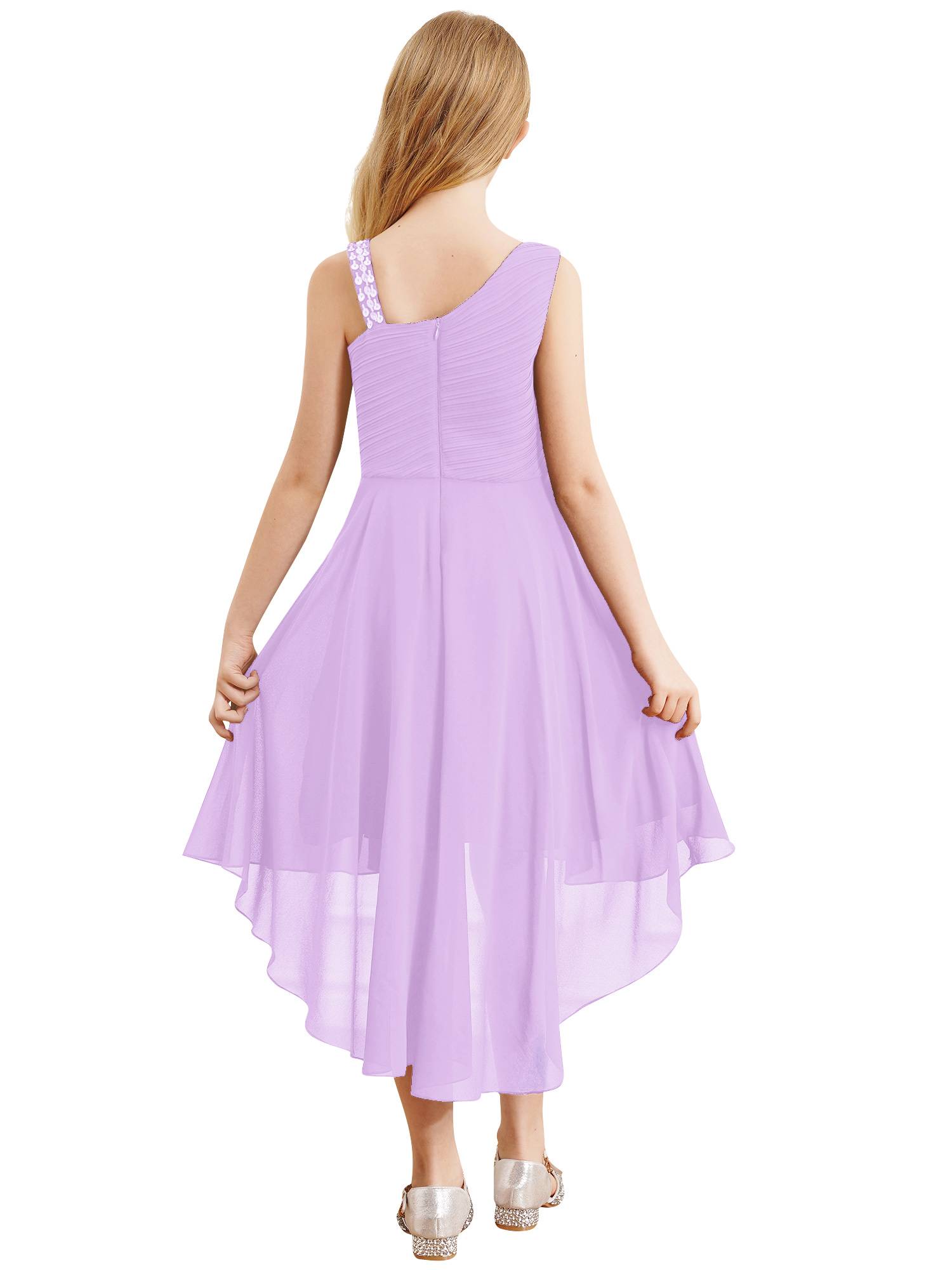 Kids Girls Sparkly Sequin Chiffon Dress Sleeveless High-Low Flower Girl Dress