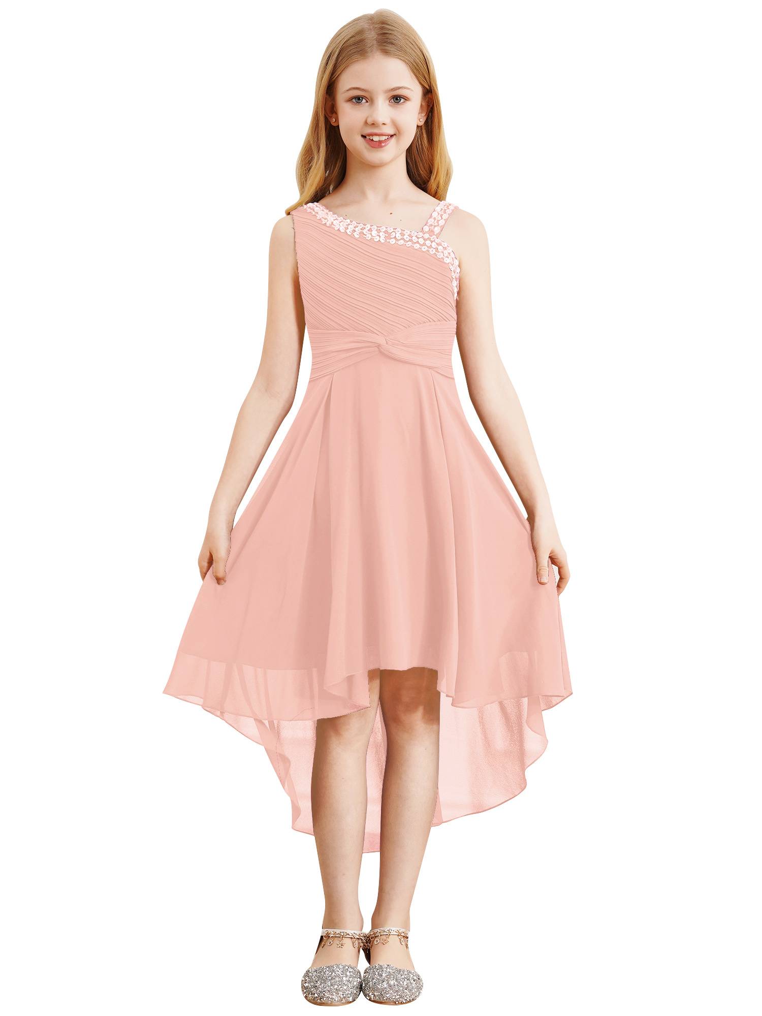 Kids Girls Sparkly Sequin Chiffon Dress Sleeveless High-Low Flower Girl Dress