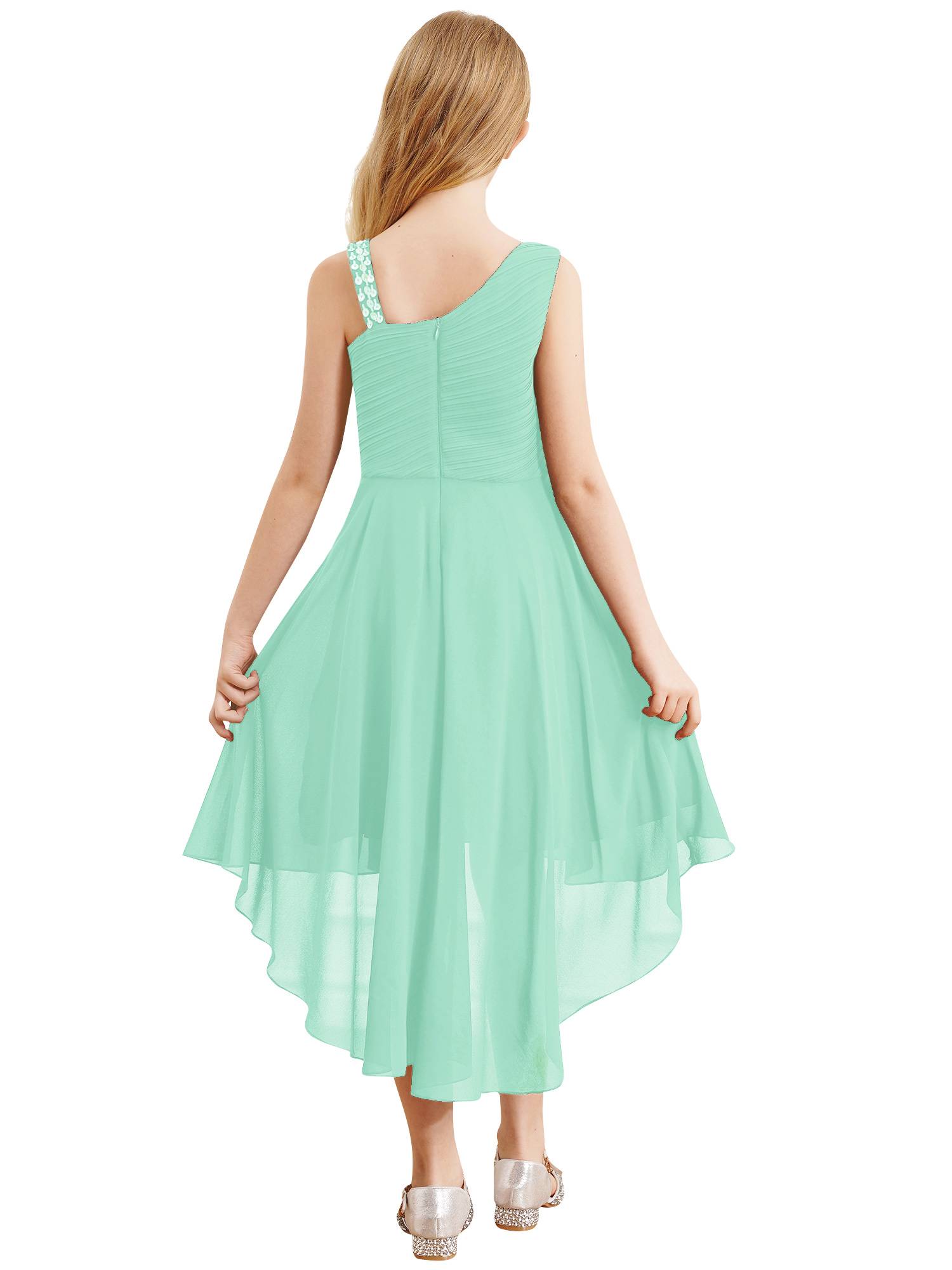 Kids Girls Sparkly Sequin Chiffon Dress Sleeveless High-Low Flower Girl Dress