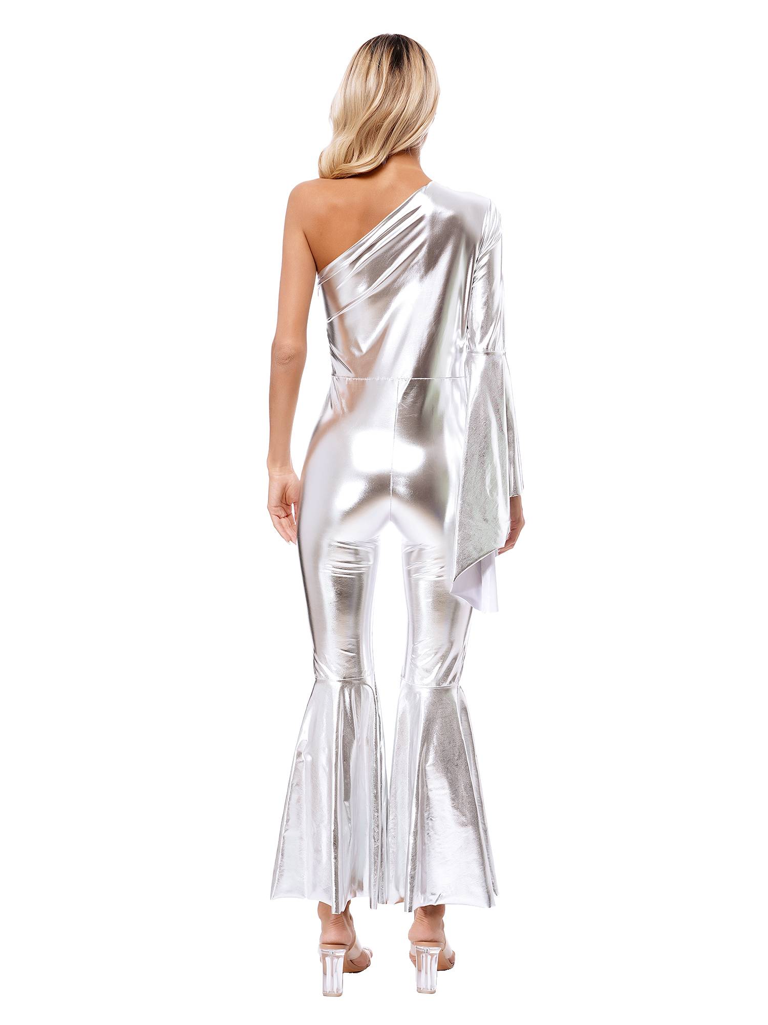 Women Metallic One Shoulder Flare Sleeve Bell-Bottom Jazz Dance Unitard
