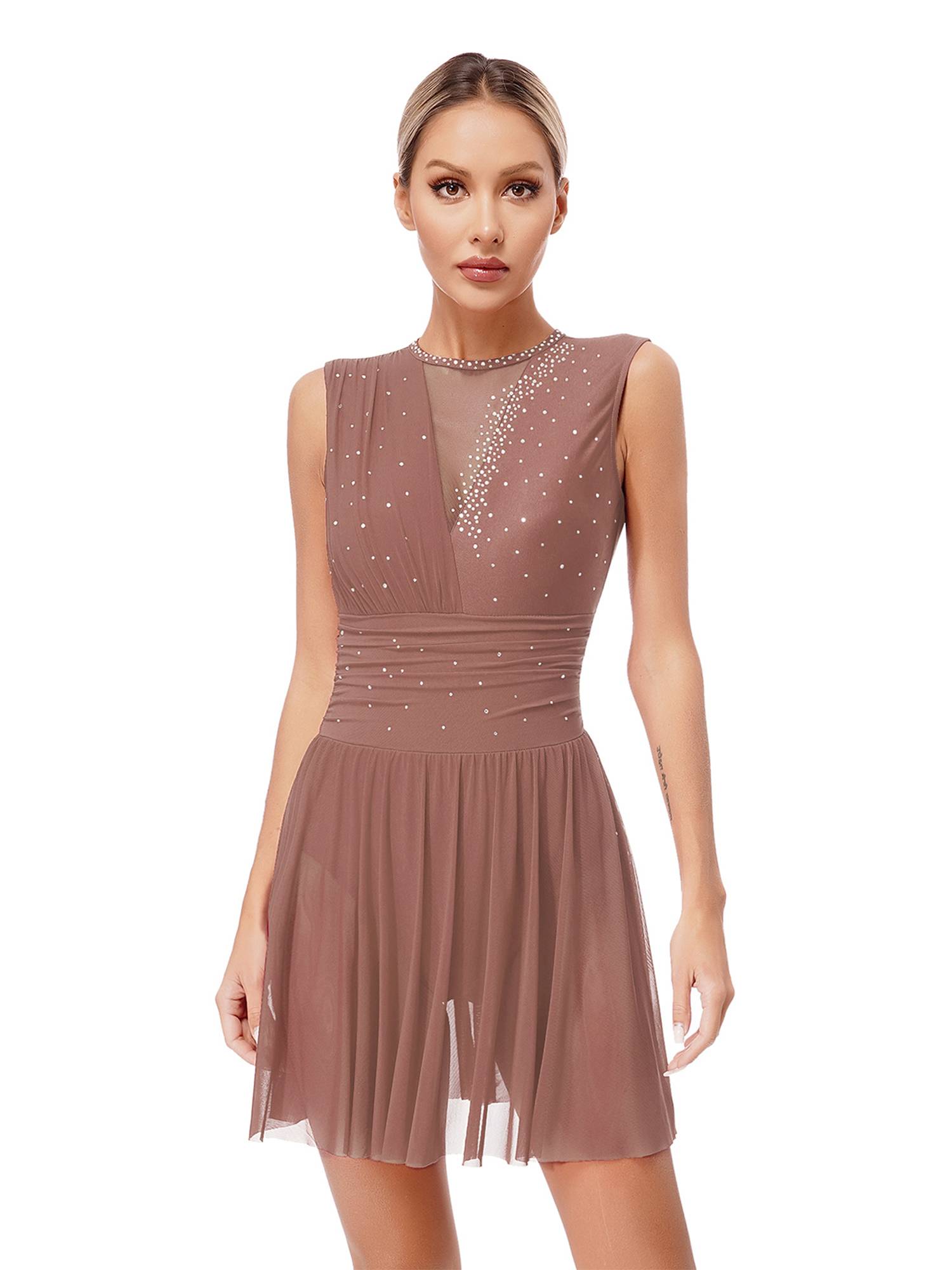 Women Sleeveless Rhinestone Figure Skating Lyrical Dance Dresses