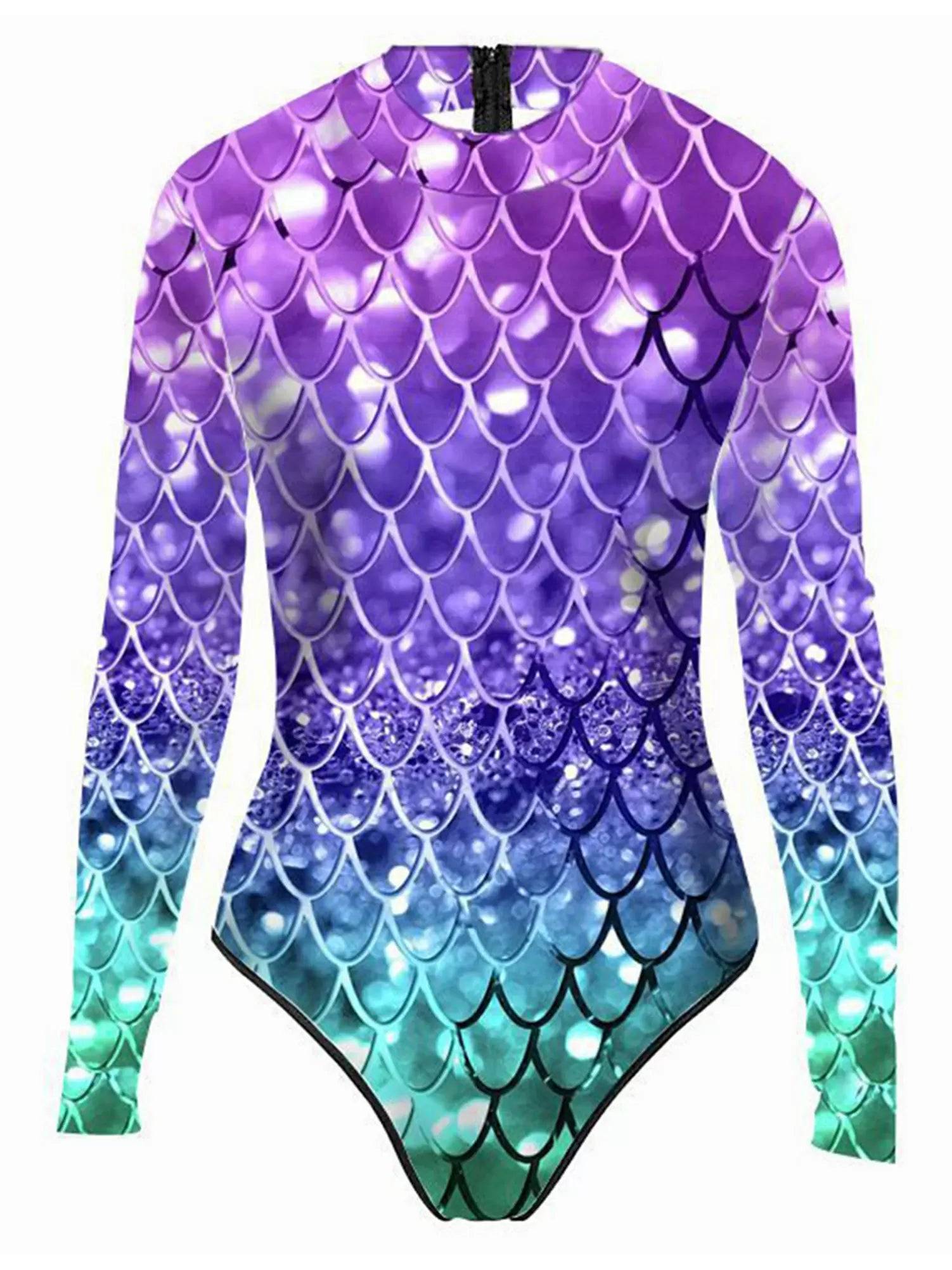Women One-piece Mermaid Scale Print Rash Guard Swimsuit