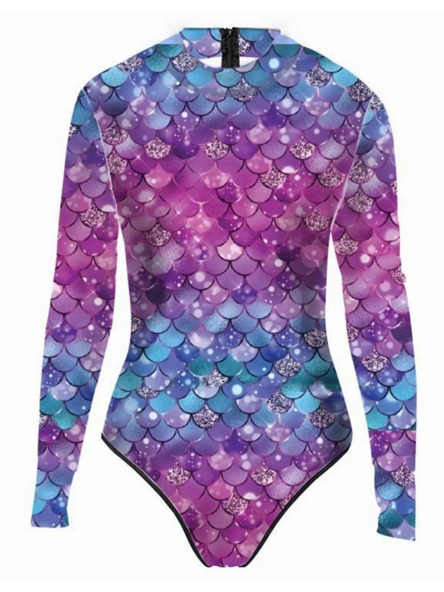 Women One-piece Mermaid Scale Print Rash Guard Swimsuit