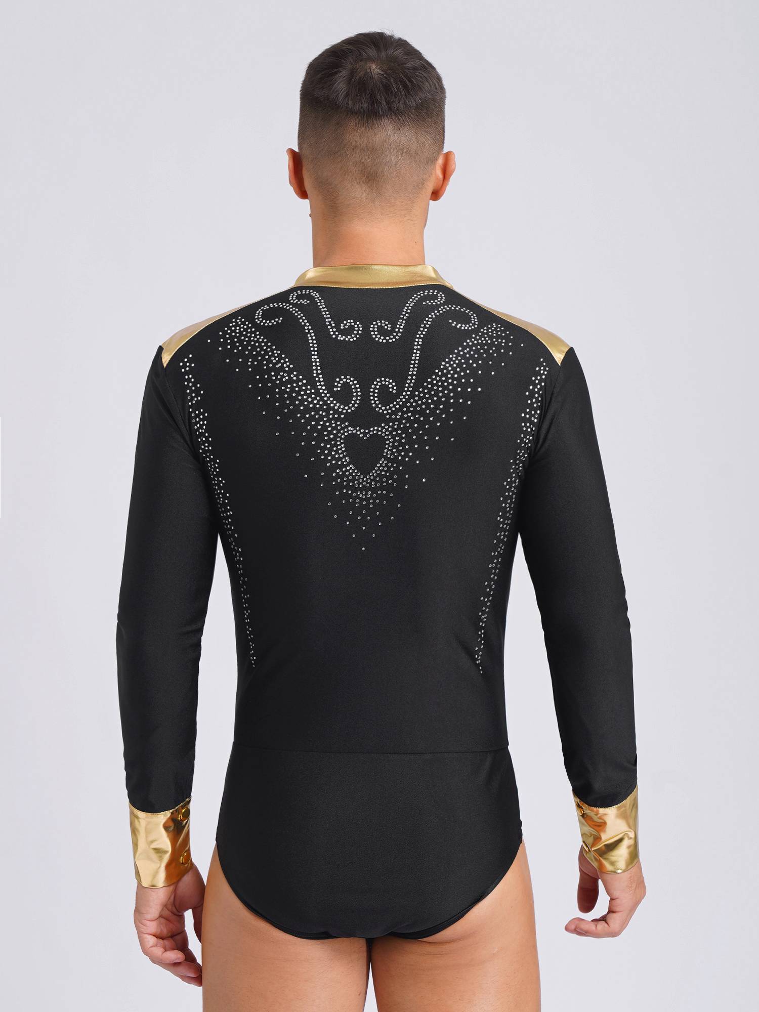 Men V Neck Long Sleeve Metallic Rhinestones Figure Skating Leotard