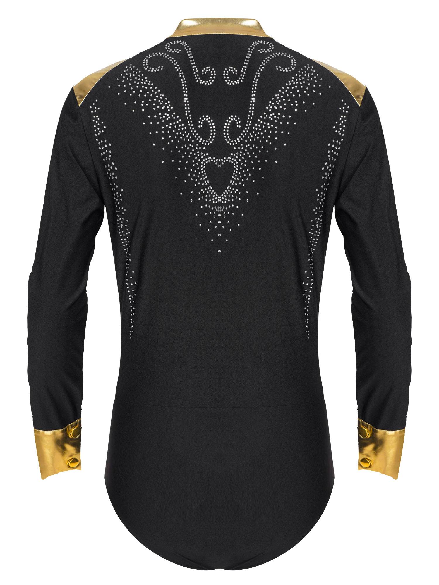 Men V Neck Long Sleeve Metallic Rhinestones Figure Skating Leotard