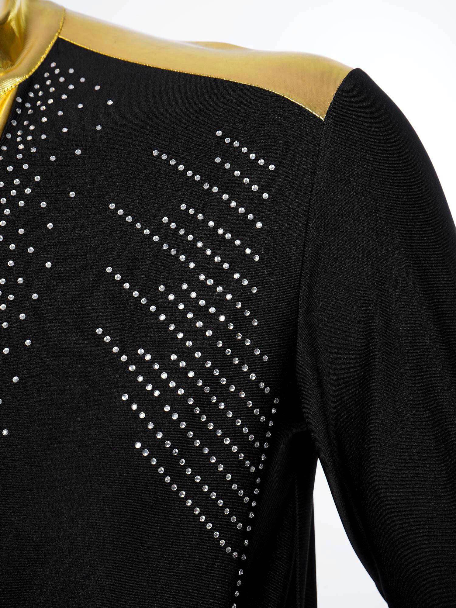 Men V Neck Long Sleeve Metallic Rhinestones Figure Skating Leotard