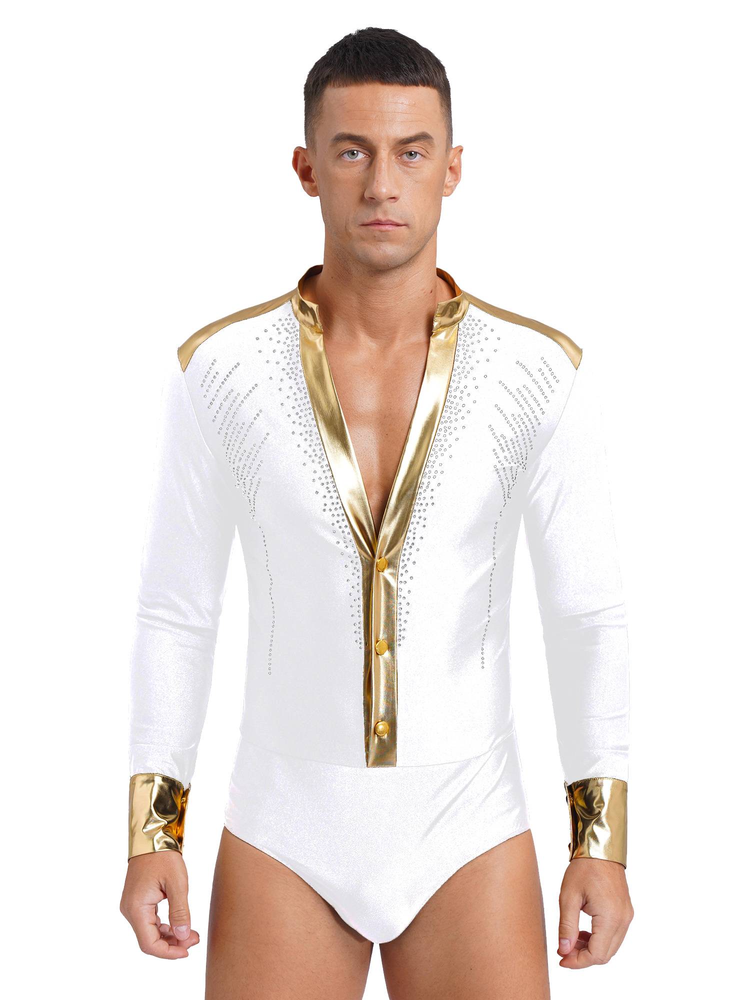 Men V Neck Long Sleeve Metallic Rhinestones Figure Skating Leotard