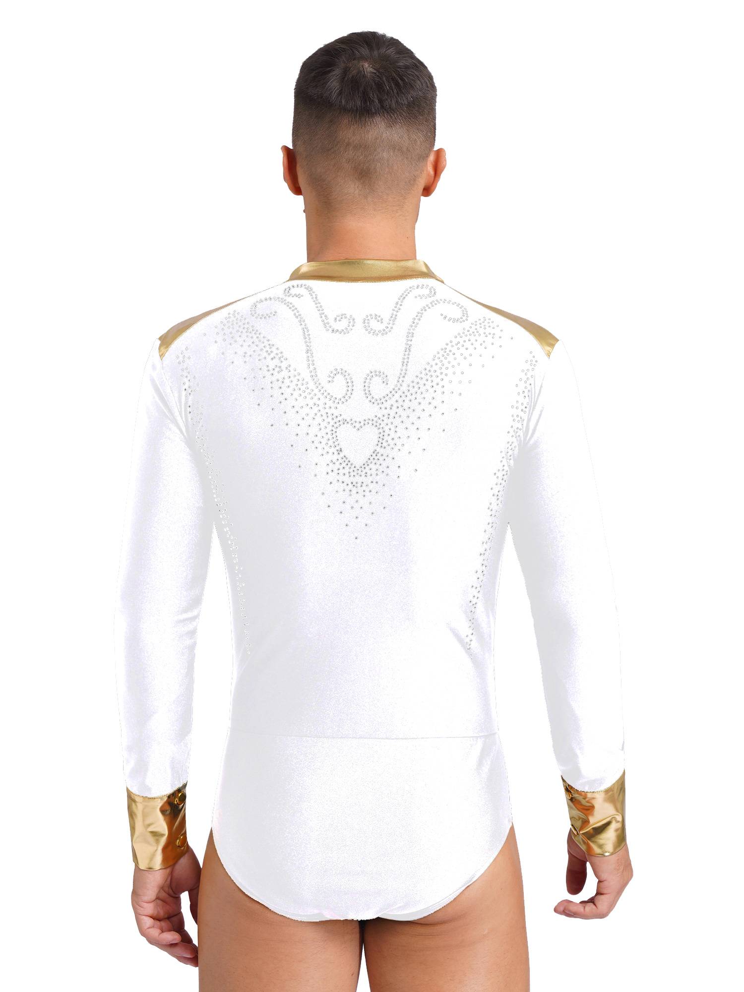 Men V Neck Long Sleeve Metallic Rhinestones Figure Skating Leotard