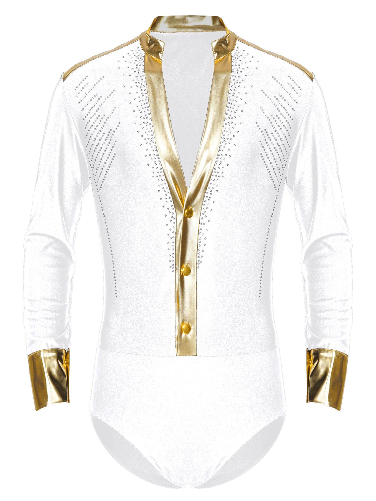 Men V Neck Long Sleeve Metallic Rhinestones Figure Skating Leotard