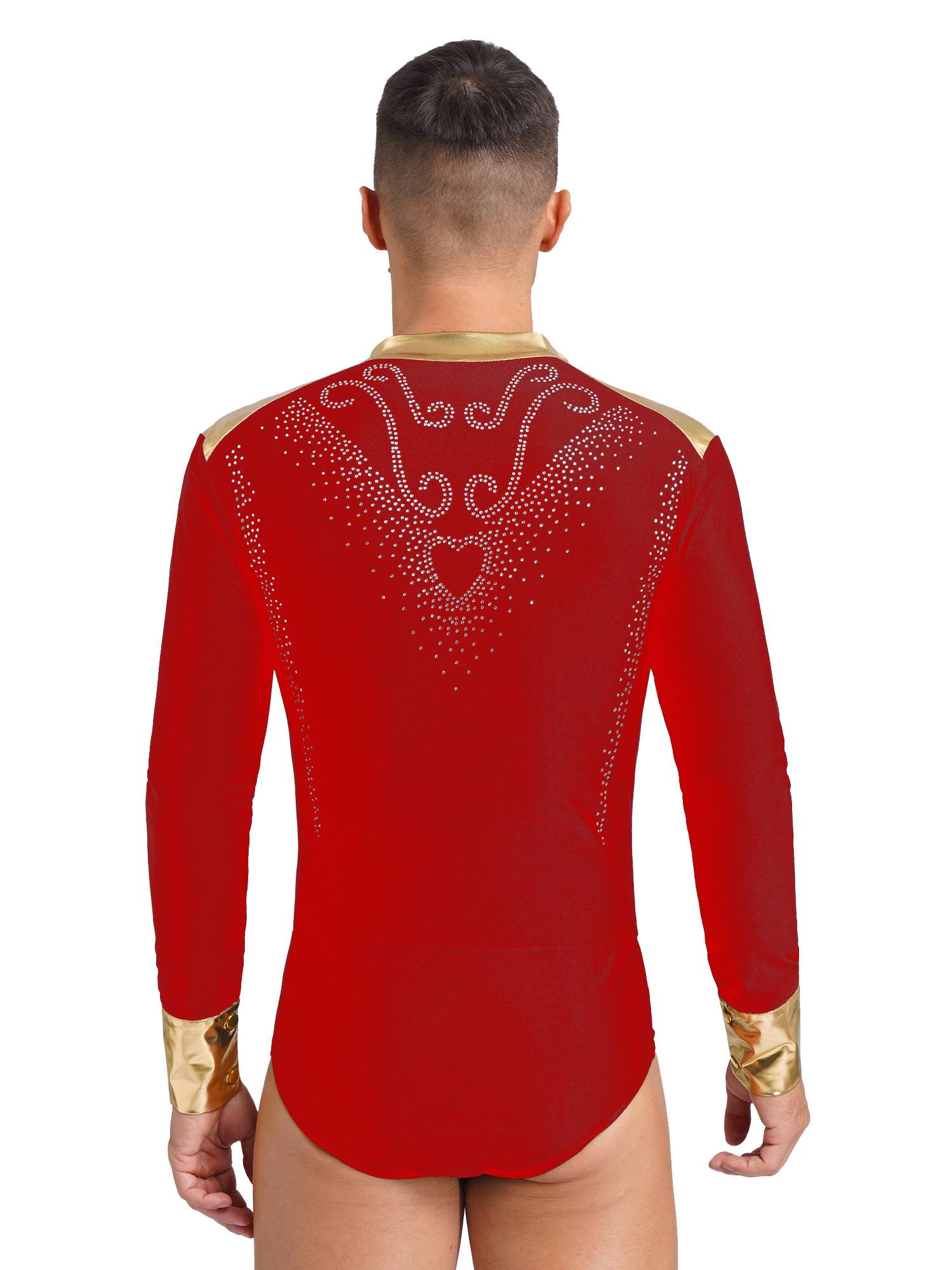 Men V Neck Long Sleeve Metallic Rhinestones Figure Skating Leotard