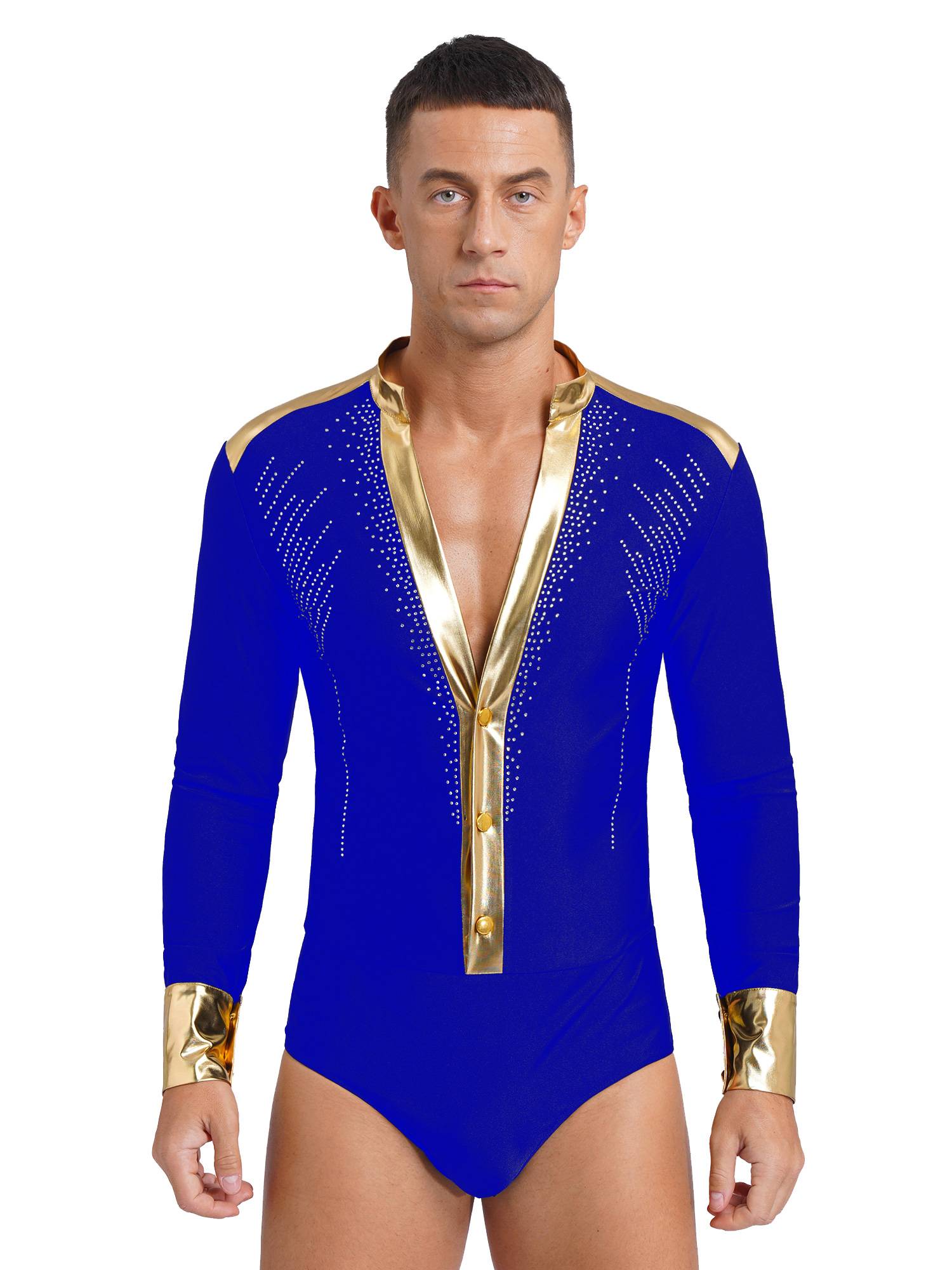 Men V Neck Long Sleeve Metallic Rhinestones Figure Skating Leotard
