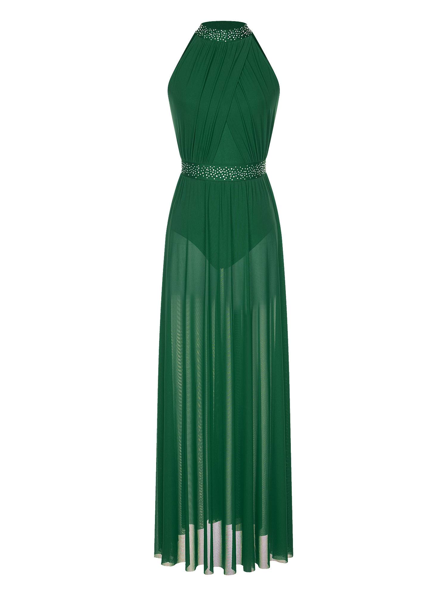 Women Sleeveless Rhinestones Side Slit Mesh Lyrical Dance Maxi Dress