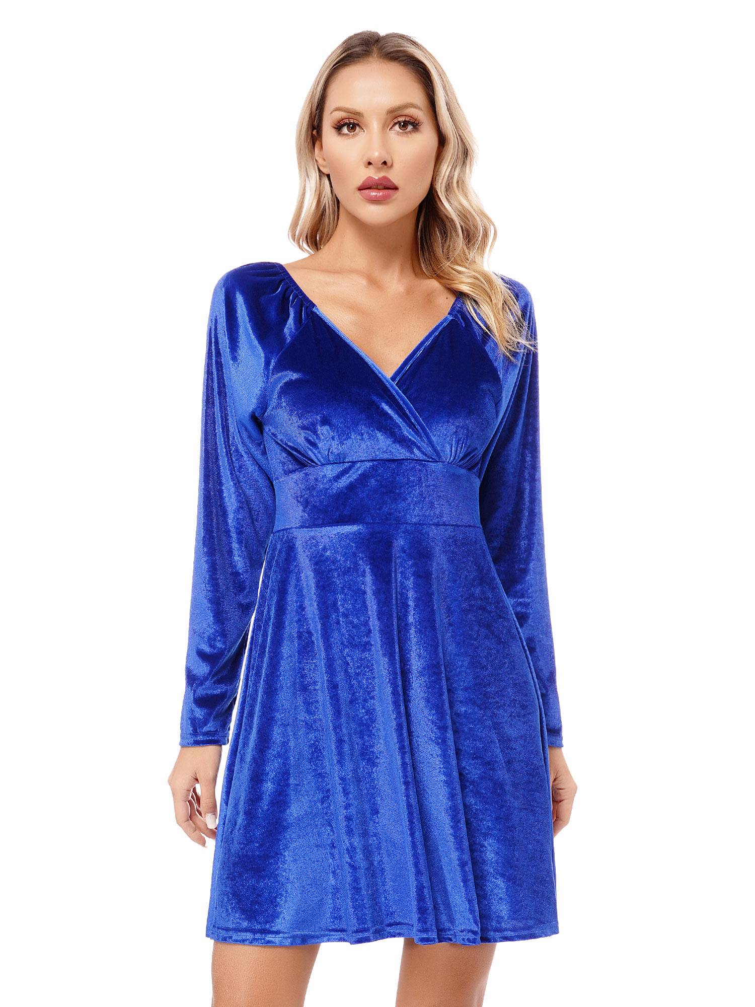Women Velvet V Neck Long Sleeve Cocktail Dress