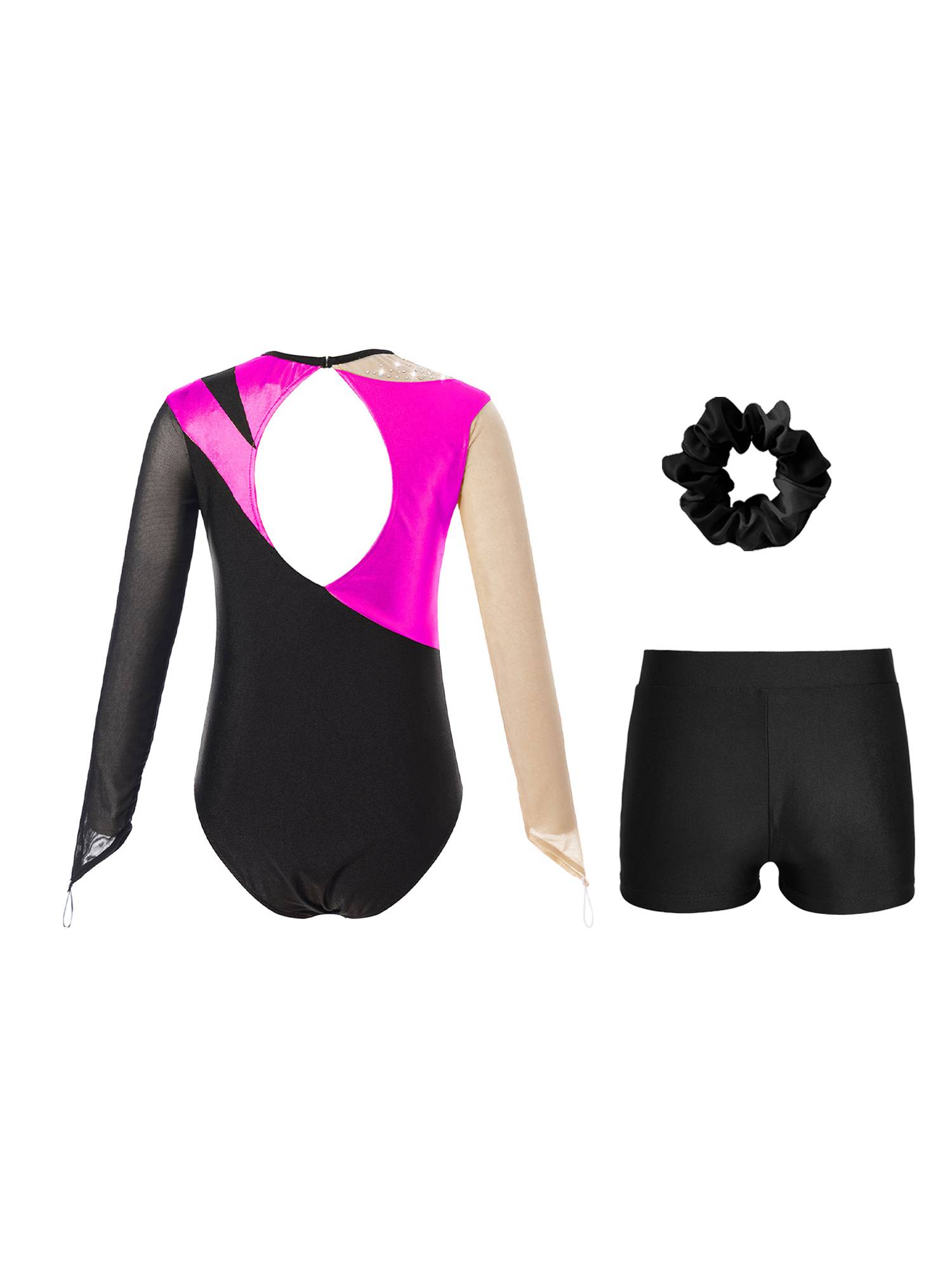 Kids Girls 3pcs Long Sleeve Leotard and Shorts Hairband Gymnastics Set