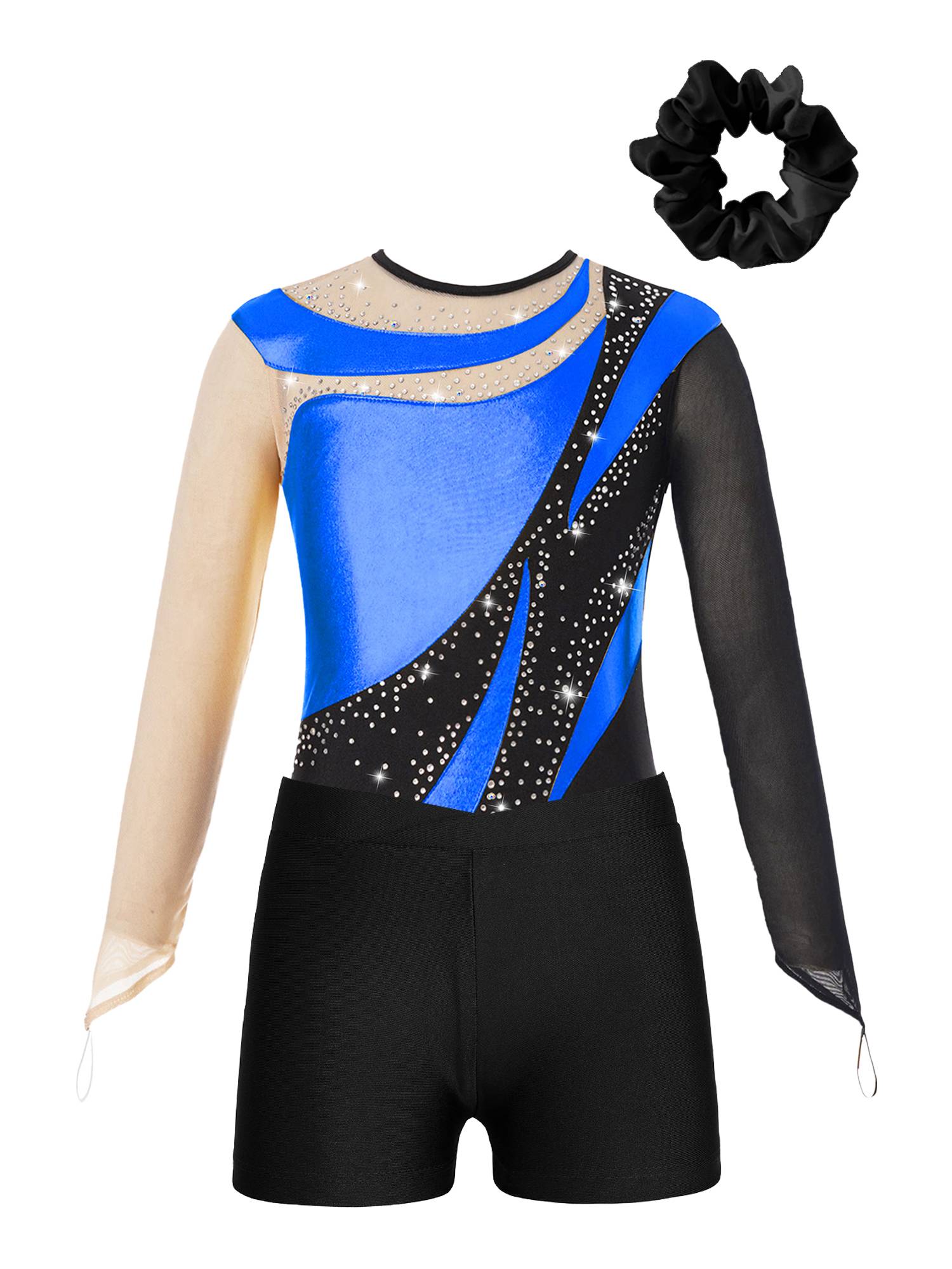 Kids Girls 3pcs Long Sleeve Leotard and Shorts Hairband Gymnastics Set