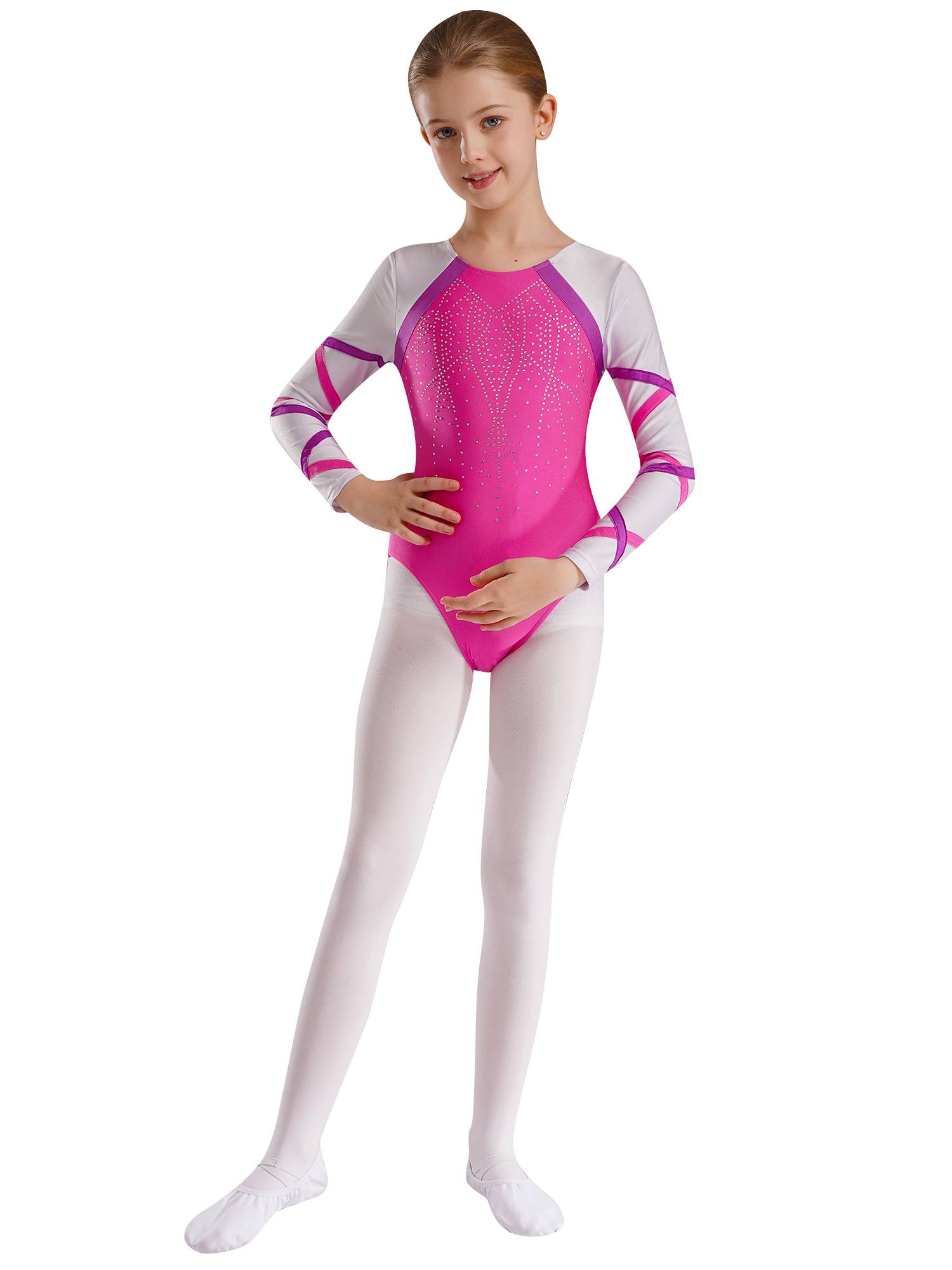 Kids Girls Long Sleeve Round Neck Glittery Rhinestones Gymnastics Leotard