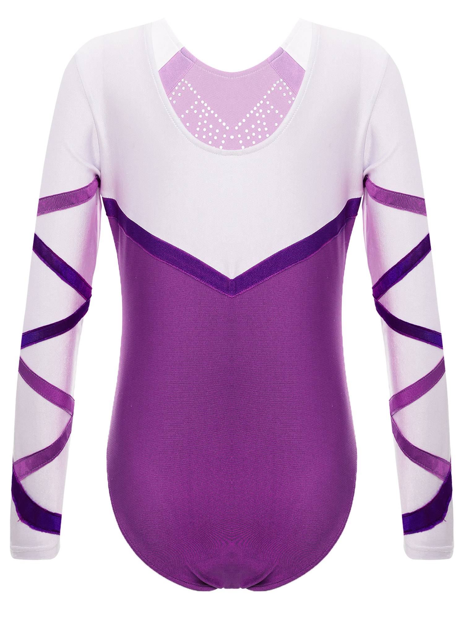 Kids Girls Long Sleeve Round Neck Glittery Rhinestones Gymnastics Leotard