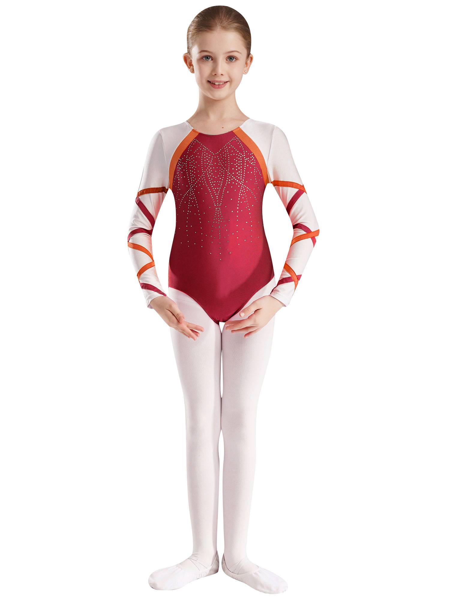 Kids Girls Long Sleeve Round Neck Glittery Rhinestones Gymnastics Leotard