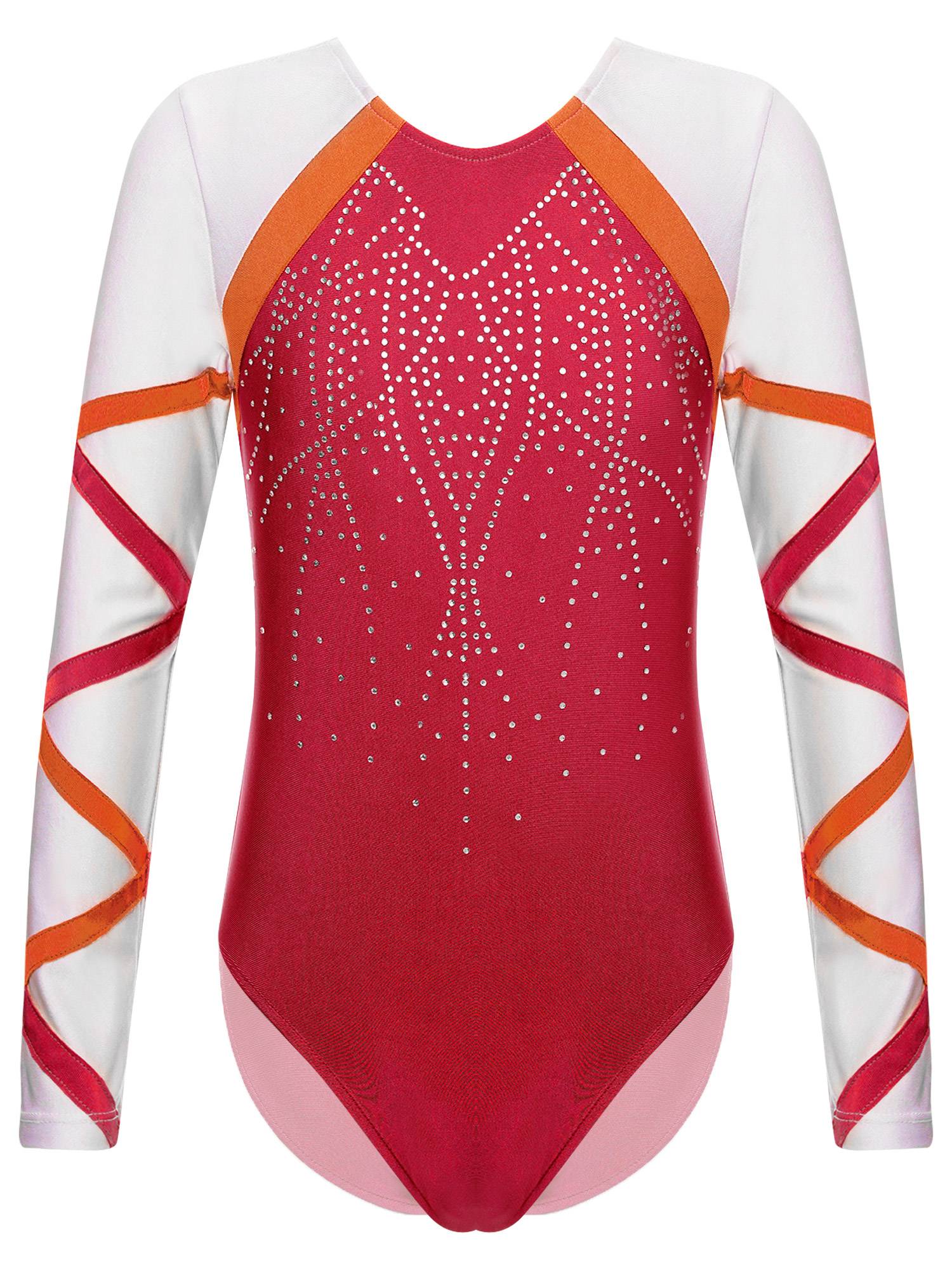 Kids Girls Long Sleeve Round Neck Glittery Rhinestones Gymnastics Leotard