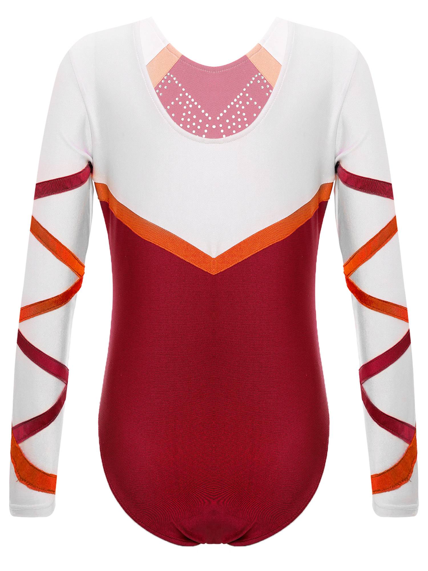 Kids Girls Long Sleeve Round Neck Glittery Rhinestones Gymnastics Leotard