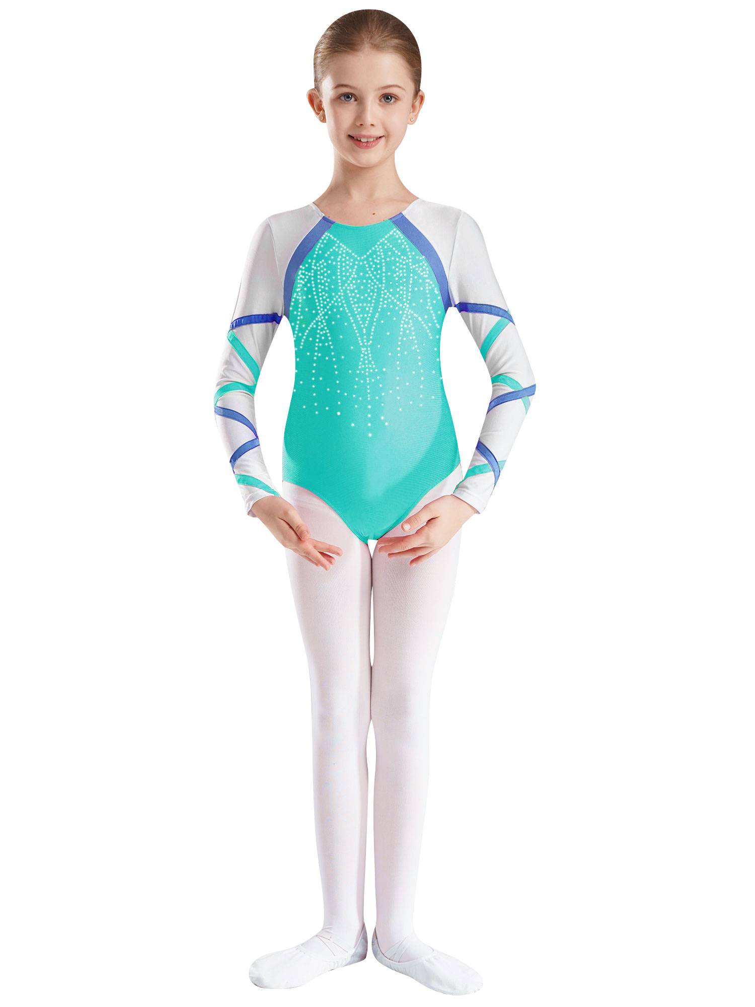 Kids Girls Long Sleeve Round Neck Glittery Rhinestones Gymnastics Leotard