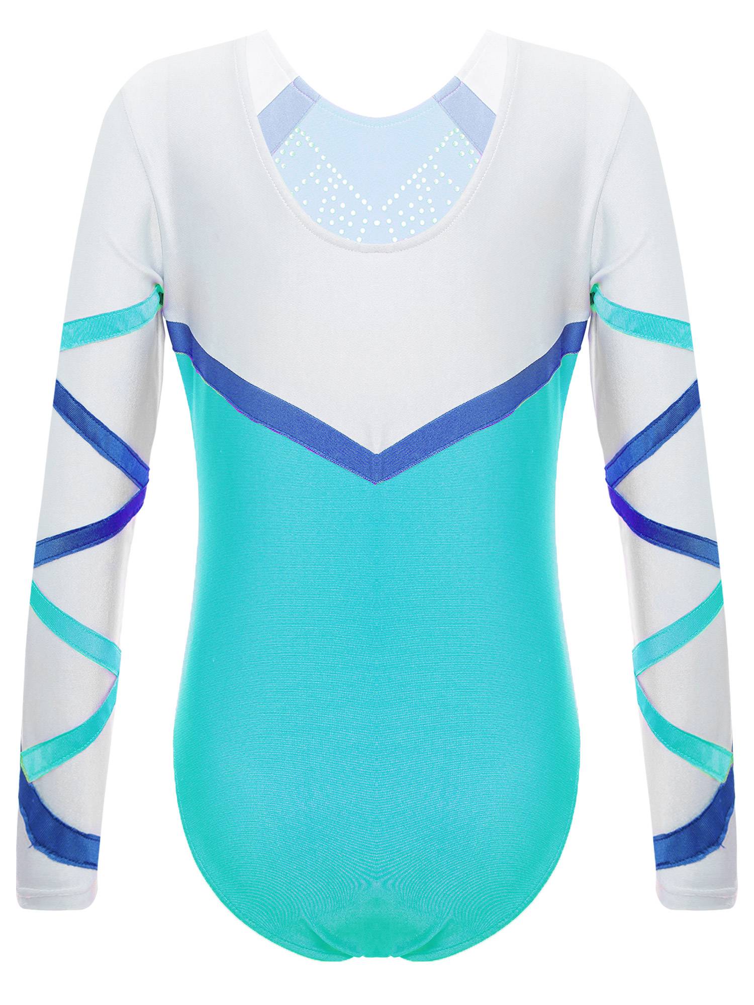 Kids Girls Long Sleeve Round Neck Glittery Rhinestones Gymnastics Leotard