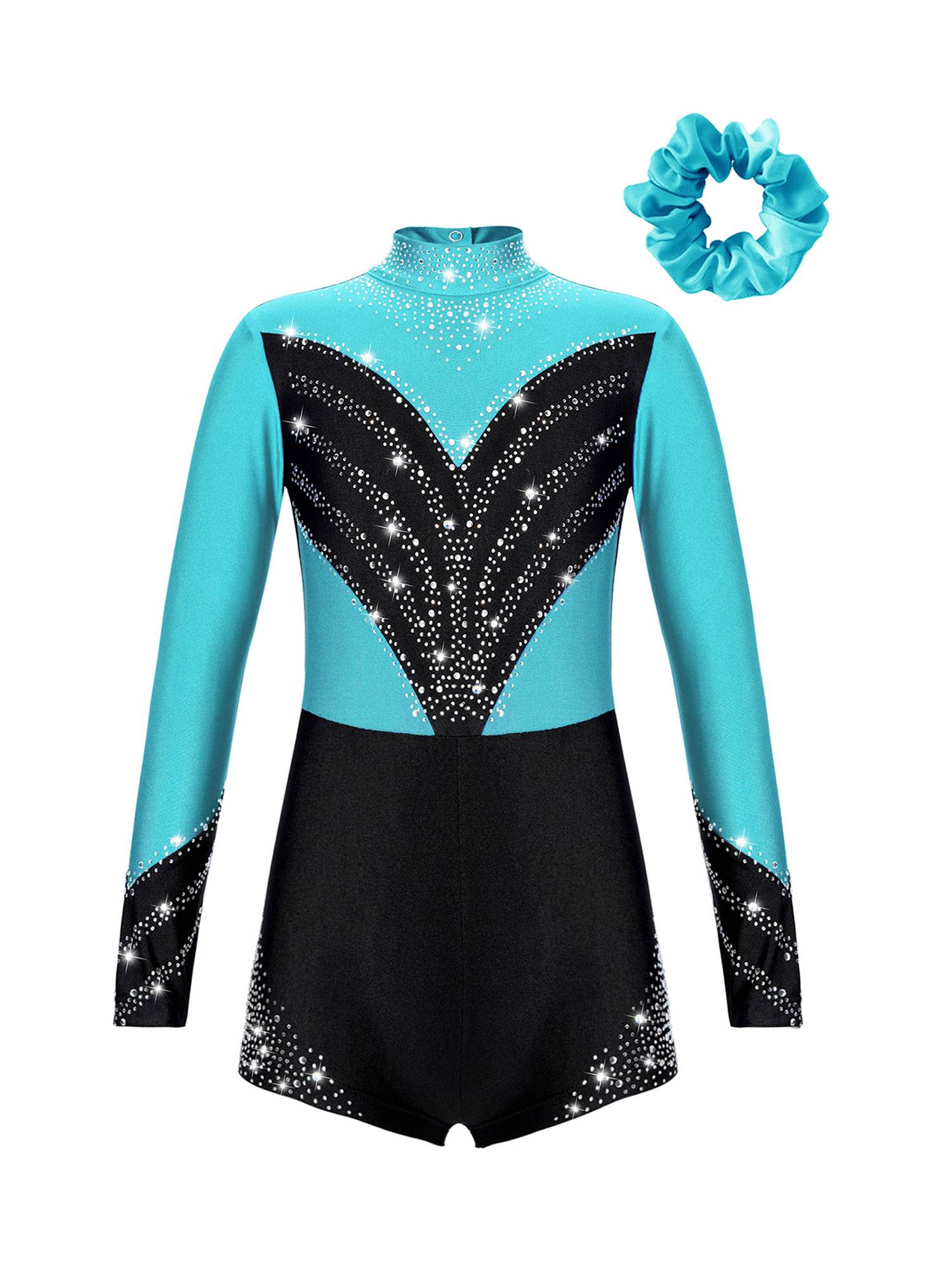 Kids Girls Long Sleeve Mock Neck Rhinestones Gymnastic Unitard with Headwear