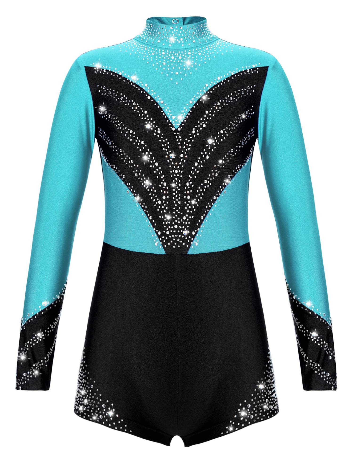 Kids Girls Long Sleeve Mock Neck Rhinestones Gymnastic Unitard with Headwear