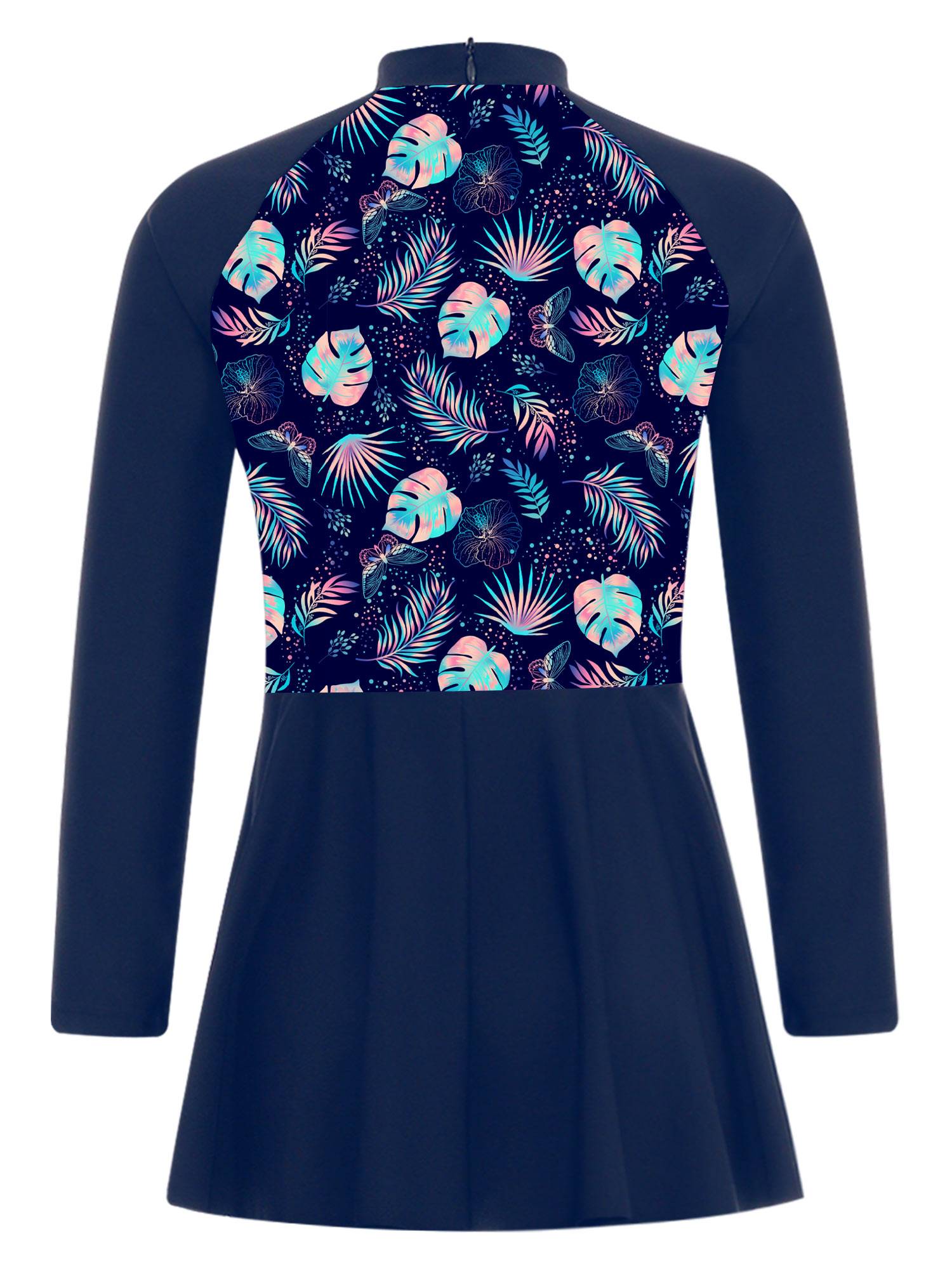 Kids Girls Long Sleeve Fish Scales Floral Print Swimsuit Dress