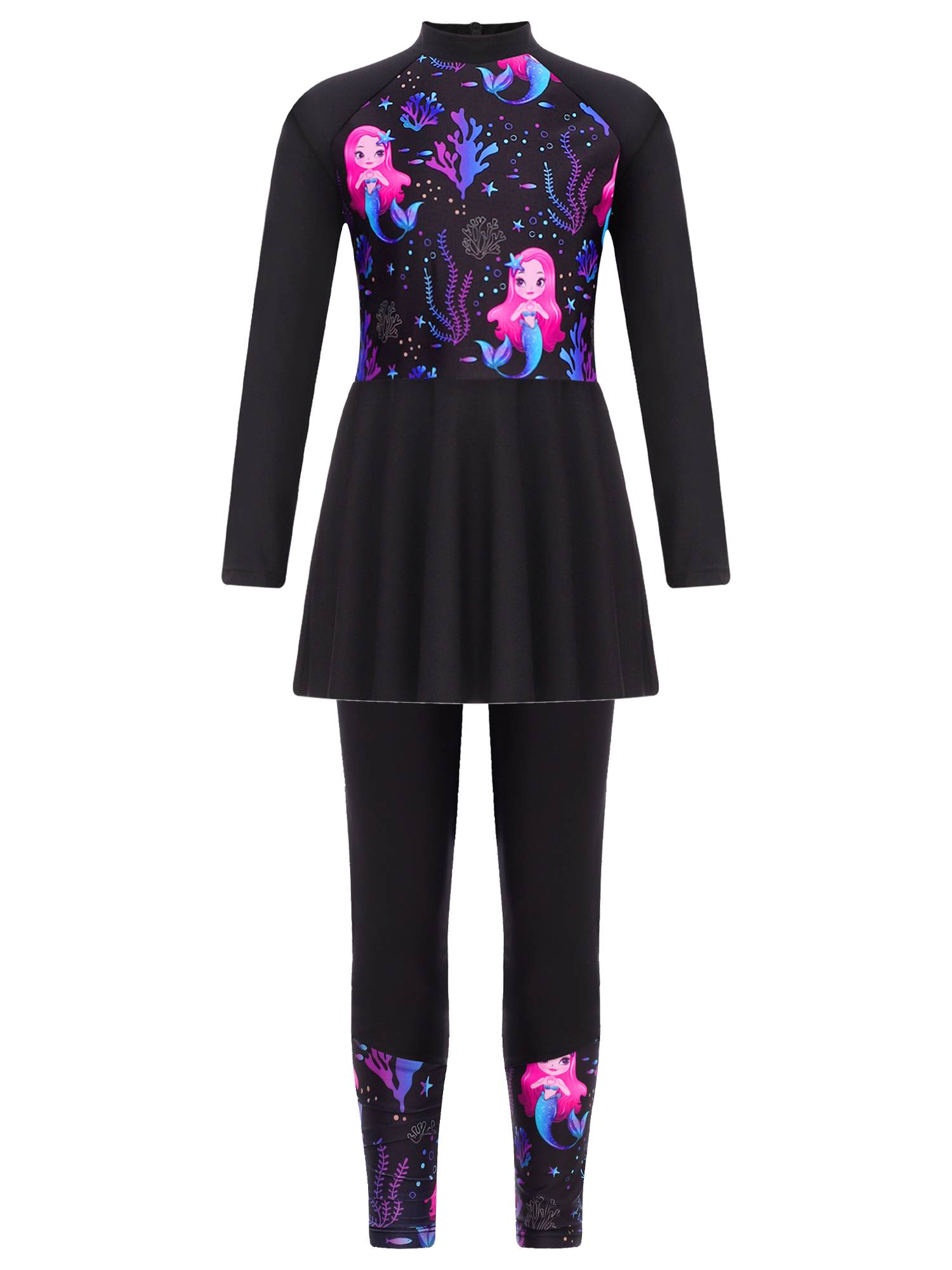 Kids Girls 2pcs Long Sleeve Swim Dress and Swim Pants Swimsuit Set