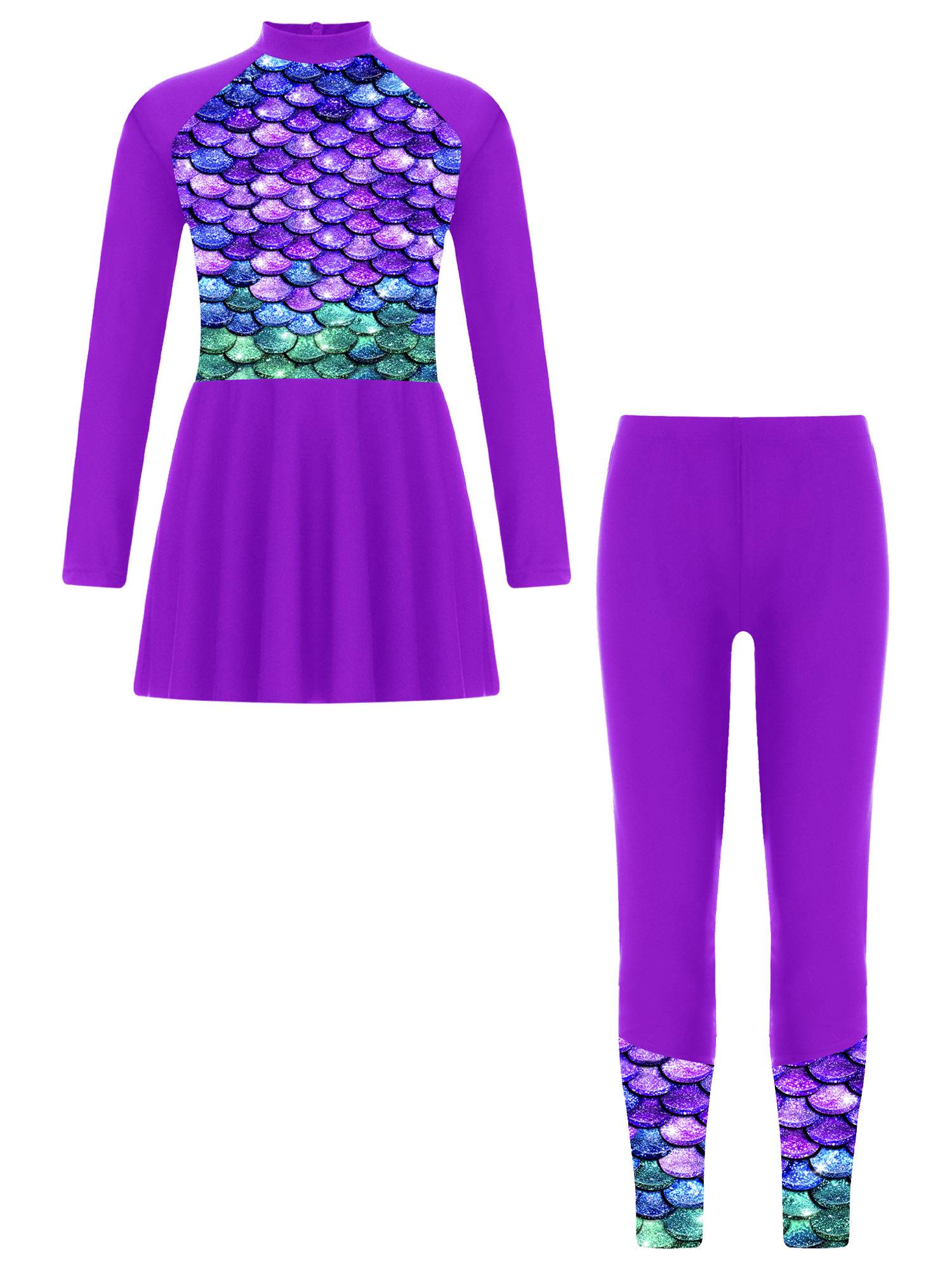 Kids Girls 2pcs Long Sleeve Swim Dress and Swim Pants Swimsuit Set