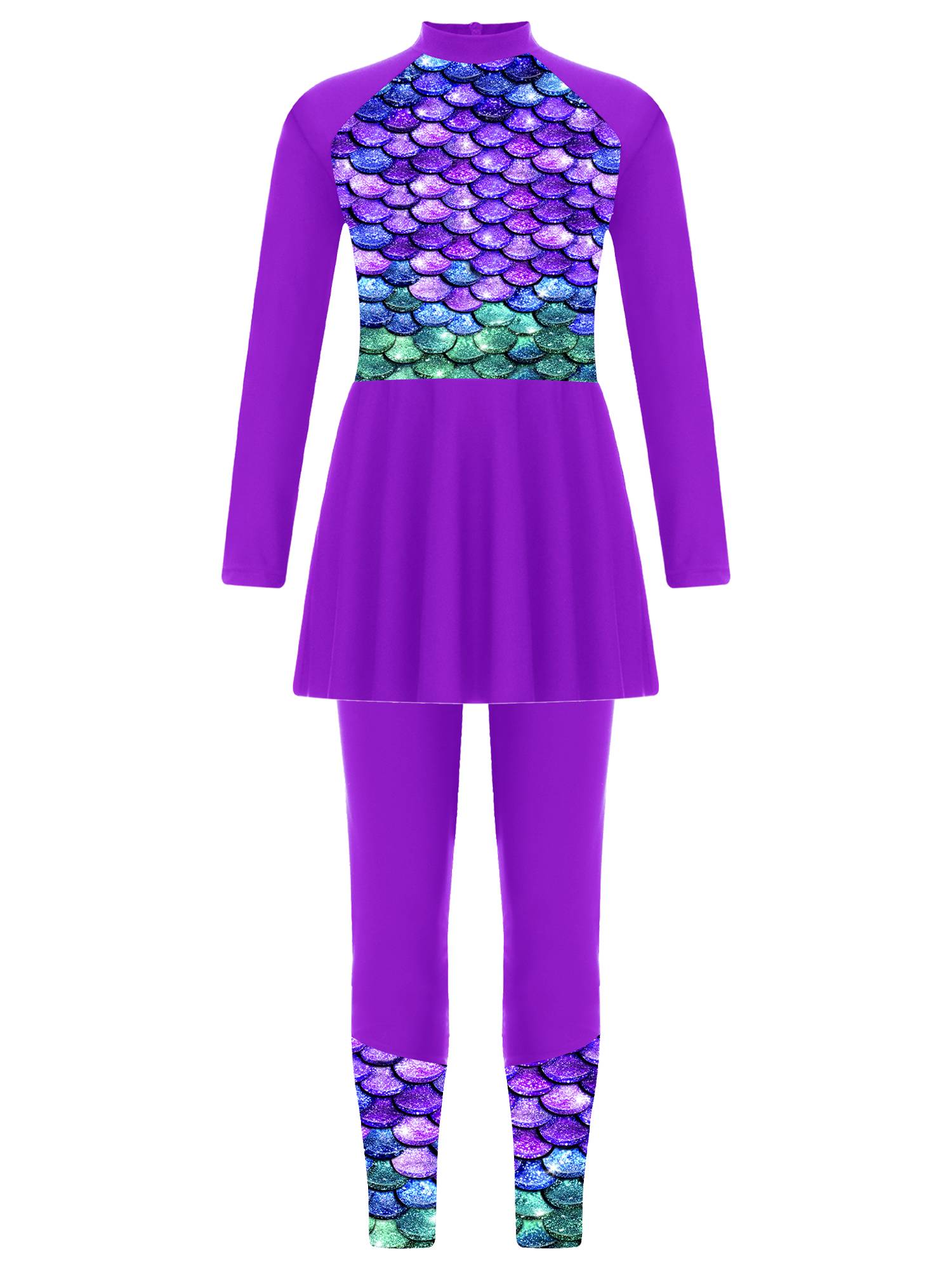 Kids Girls 2pcs Long Sleeve Swim Dress and Swim Pants Swimsuit Set